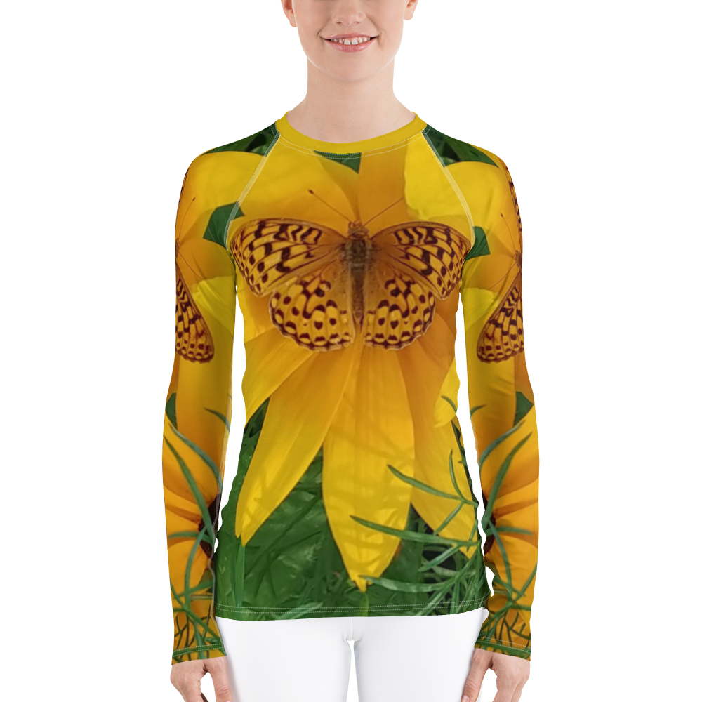 The FLOWER LOVE Collection - "Butterfly Beauty" Design Luxurious Women's Rash Guard, Sun Protective Clothing, Sports & Fitness Clothing