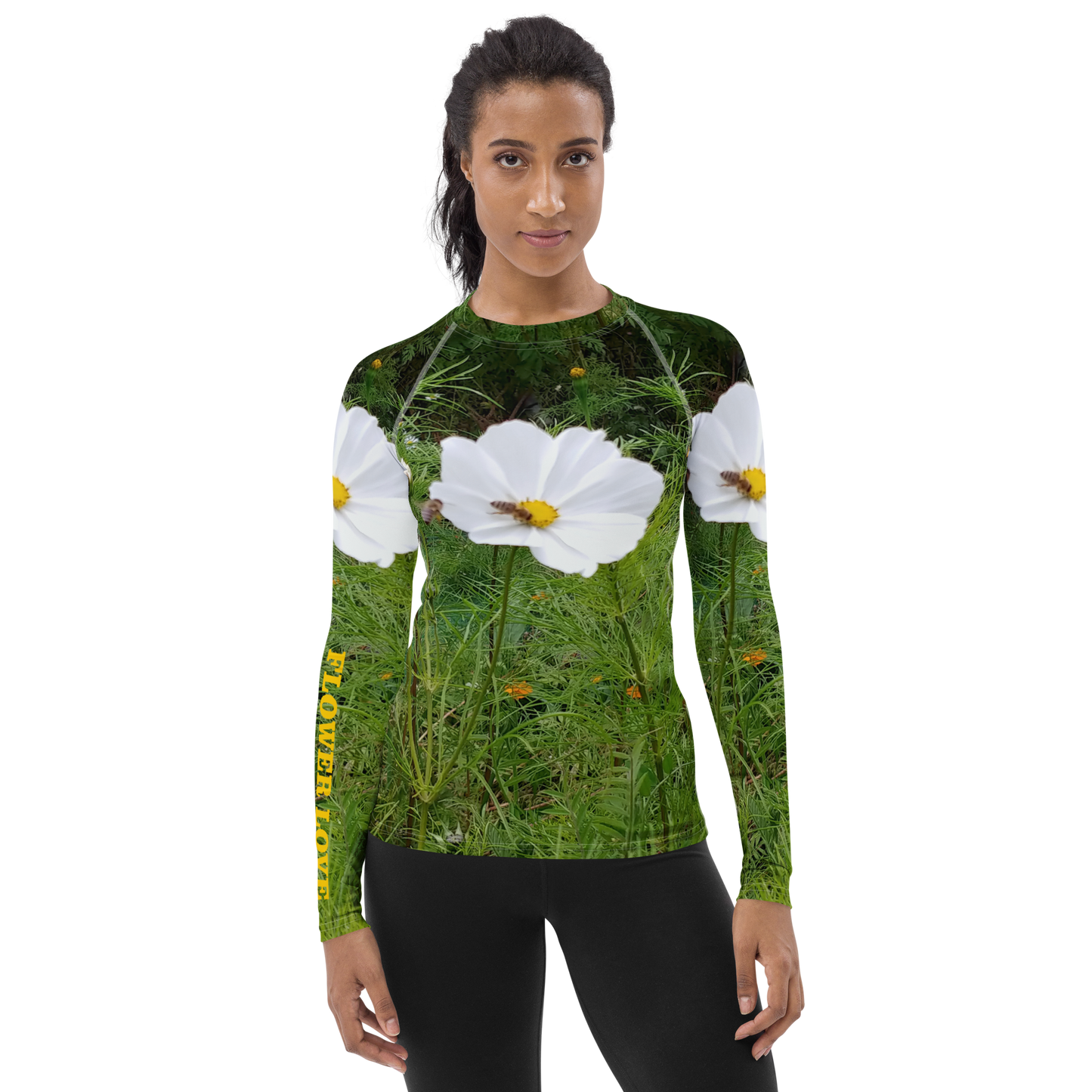 The FLOWER LOVE Collection - "Captivating Cosmos" Design Luxurious Women's Rash Guard, Sun Protective Clothing, Sports & Fitness Clothing