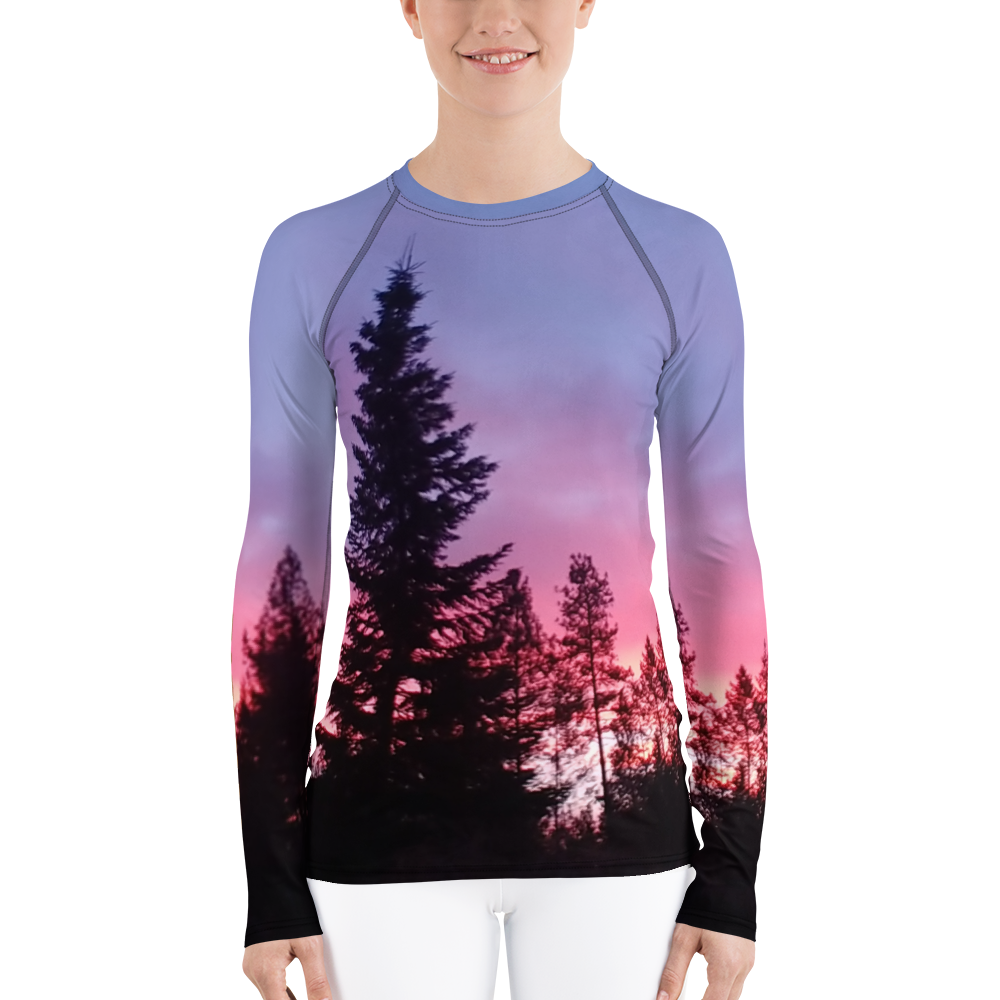 The EARTH LOVE Collection - "Sunset Silhouettes" Design Luxurious Women's Rash Guard, Sun Protective Clothing, Sports & Fitness Clothing