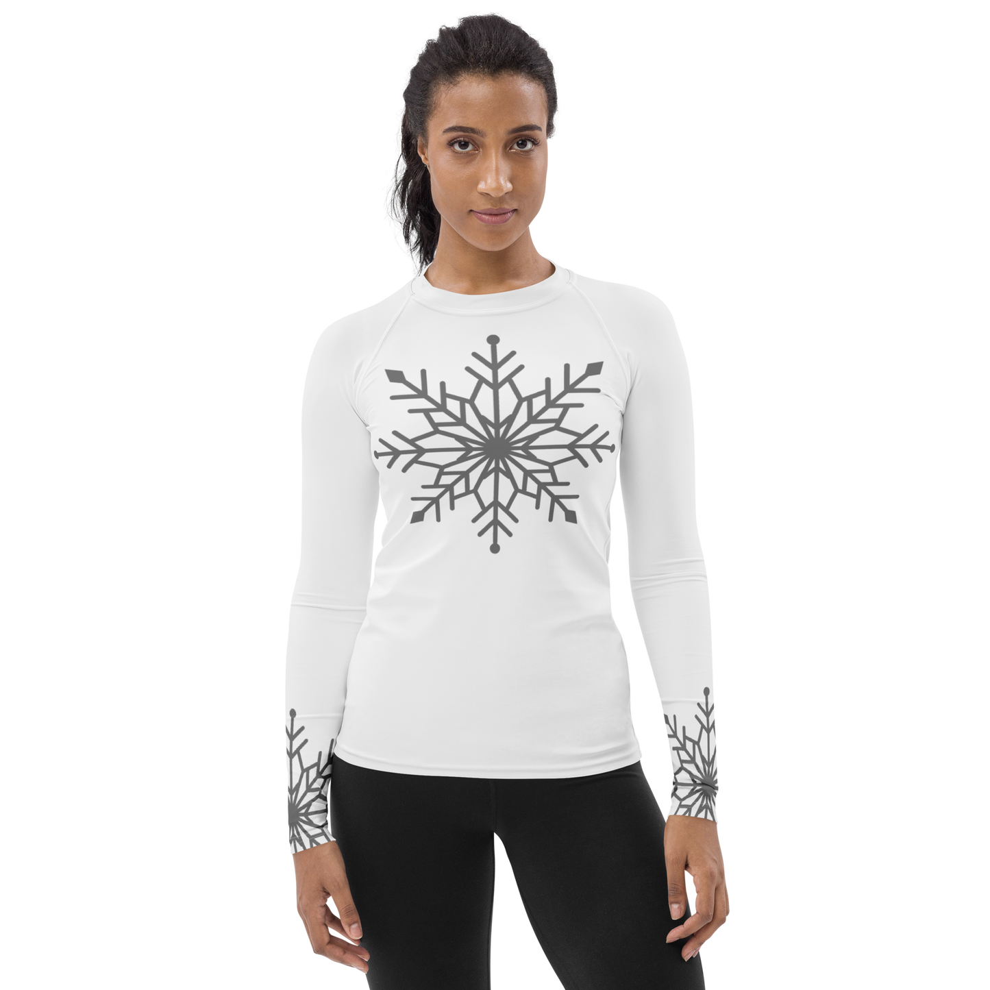 Winter Snowflake Top, Graphite Gray Snowflake on White Women's Rash Guard, Holiday Top