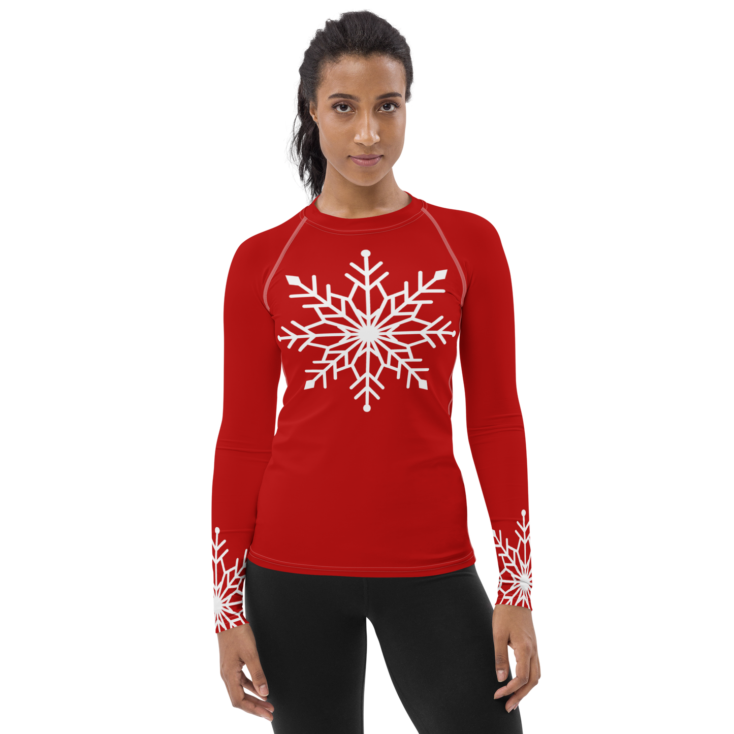 Winter Snowflake Top, White Snowflake on Dark Red Women's Rash Guard, Holiday Top