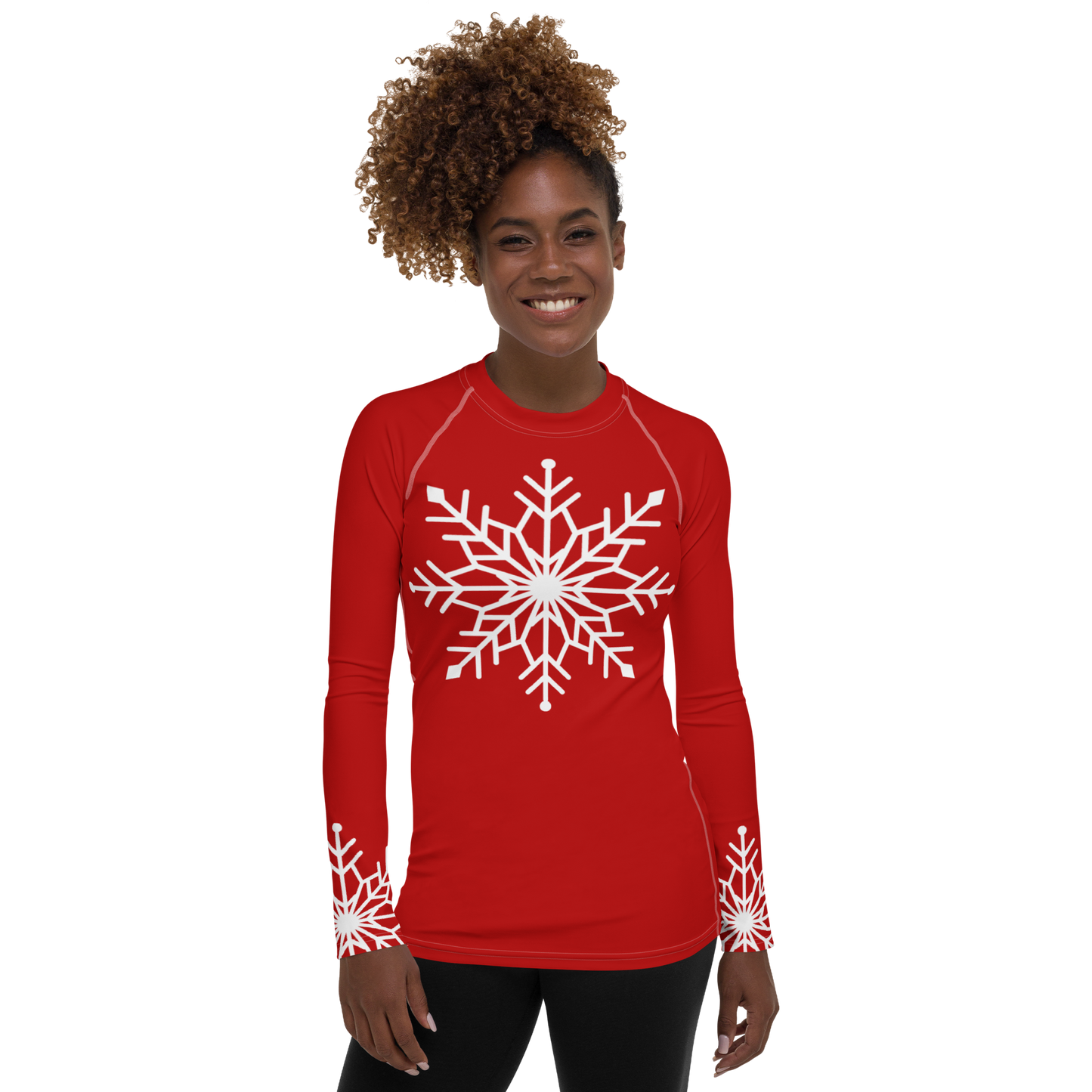 Winter Snowflake Top, White Snowflake on Dark Red Women's Rash Guard, Holiday Top