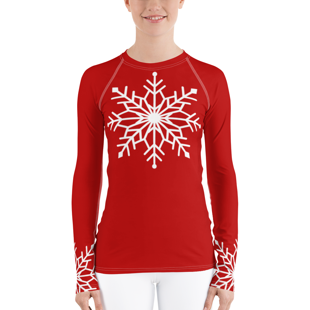 Winter Snowflake Top, White Snowflake on Dark Red Women's Rash Guard, Holiday Top