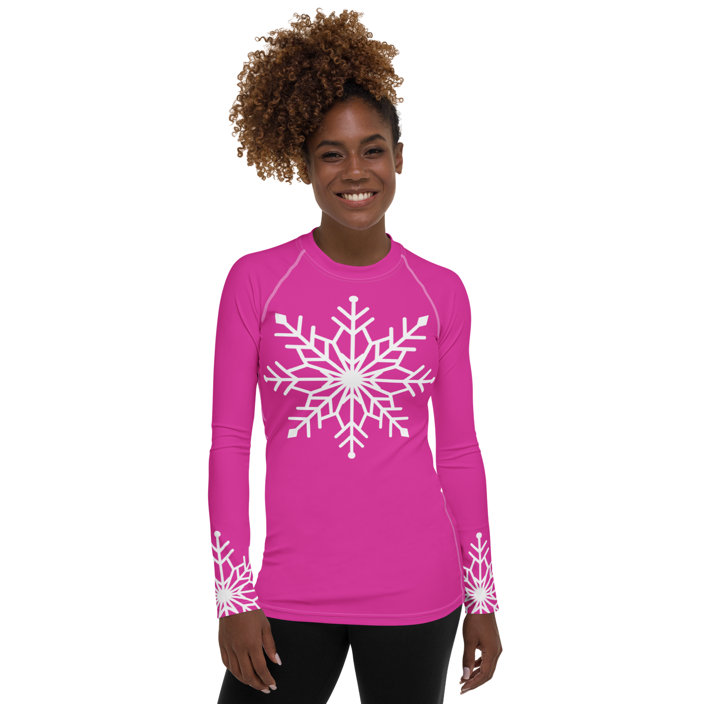 Winter Snowflake Top, White Snowflake on Hot Pink Women's Rash Guard, Holiday Top