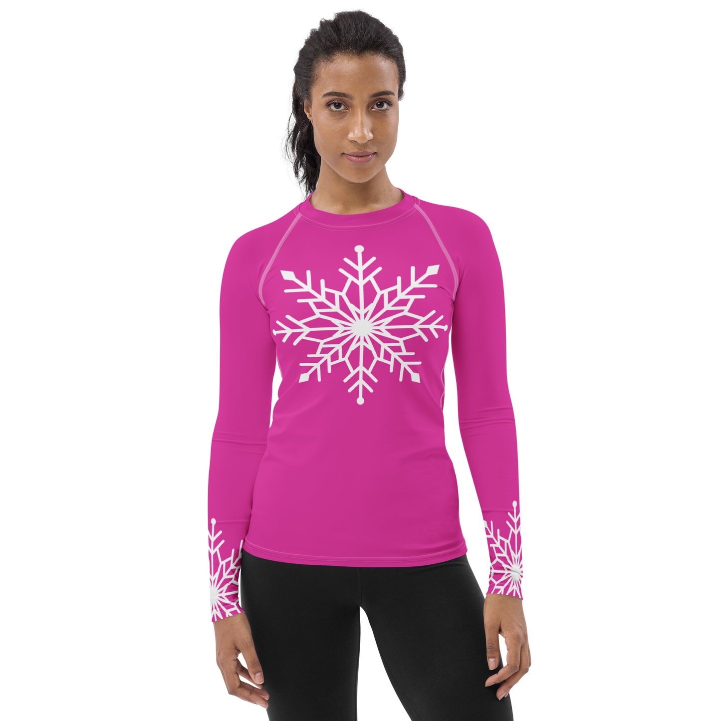 Winter Snowflake Top, White Snowflake on Hot Pink Women's Rash Guard, Holiday Top