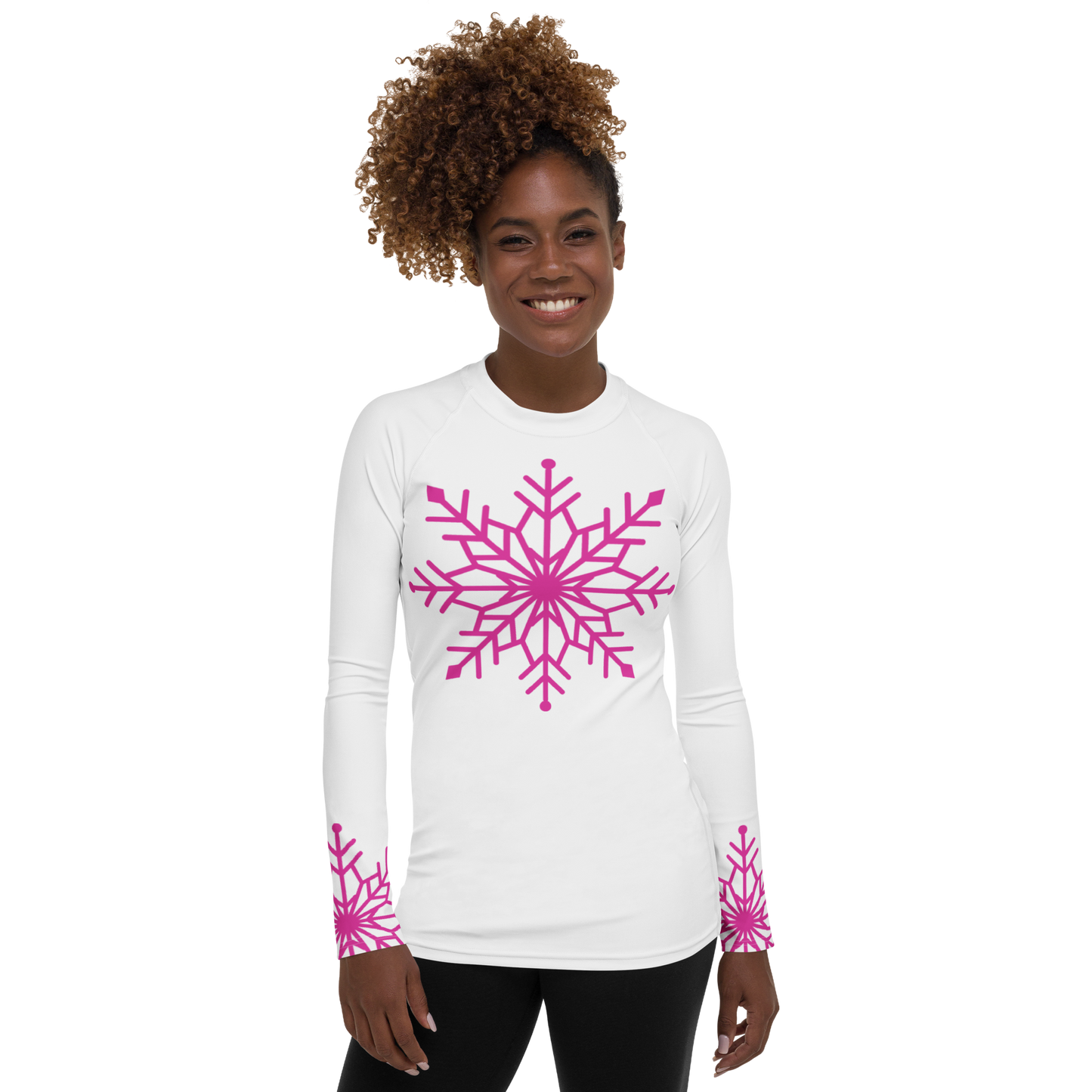Winter Snowflake Top, Hot Pink Snowflake on White Women's Rash Guard, Holiday Top