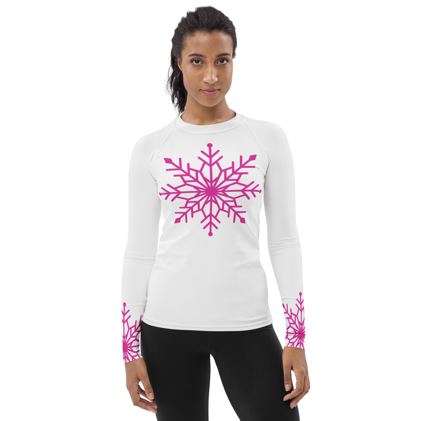 Winter Snowflake Top, Hot Pink Snowflake on White Women's Rash Guard, Holiday Top