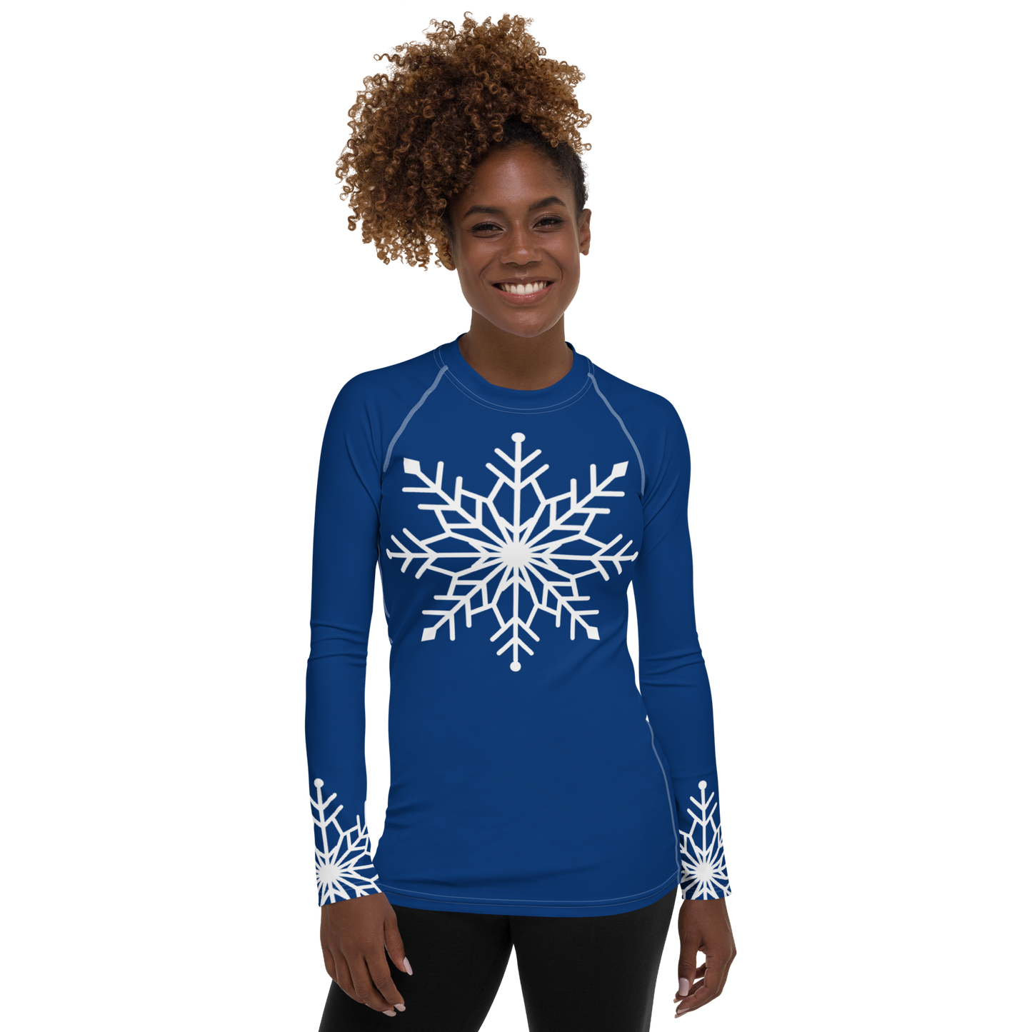 Winter Snowflake Top, White Snowflake on Royal Blue Women's Rash Guard, Holiday Top