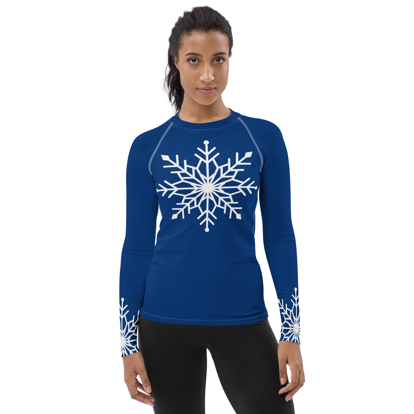 Winter Snowflake Top, White Snowflake on Royal Blue Women's Rash Guard, Holiday Top