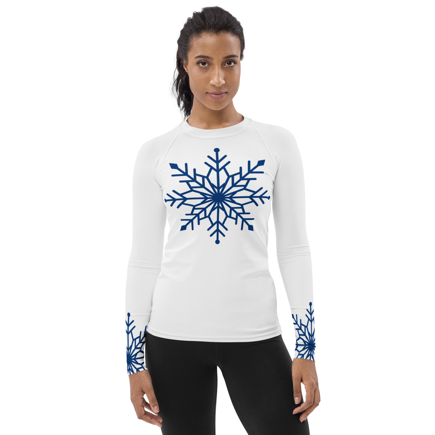 Winter Snowflake Top, Royal Blue Snowflake on White Women's Rash Guard, Holiday Top