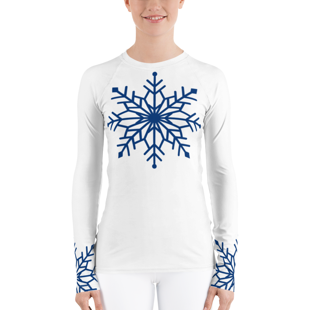 Winter Snowflake Top, Royal Blue Snowflake on White Women's Rash Guard, Holiday Top