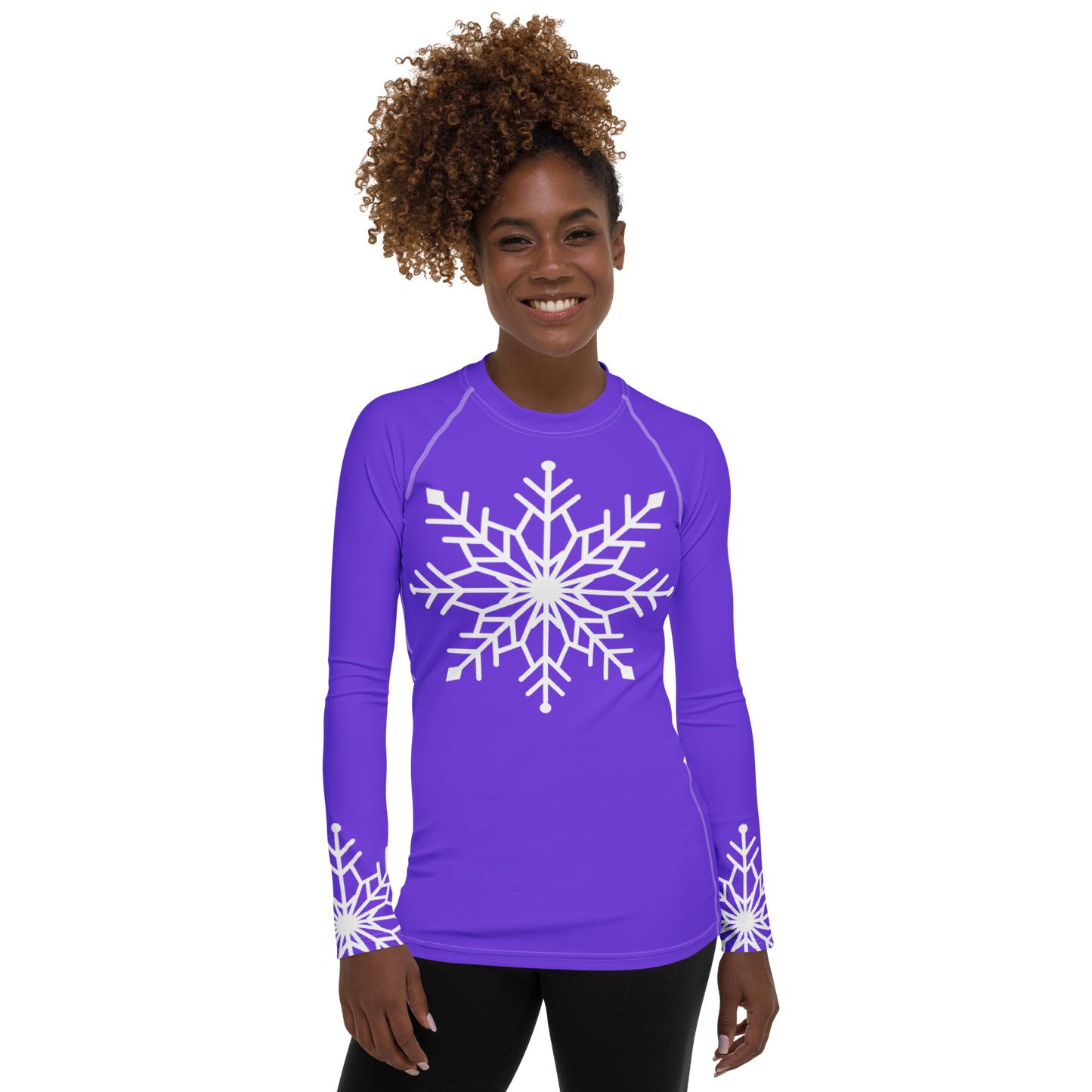 Winter Snowflake Top, White Snowflake on Pure Purple Women's Rash Guard, Holiday Top