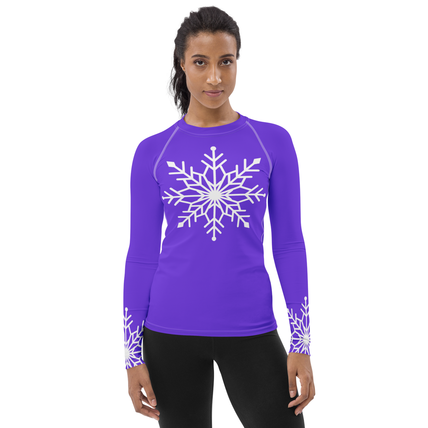 Winter Snowflake Top, White Snowflake on Pure Purple Women's Rash Guard, Holiday Top
