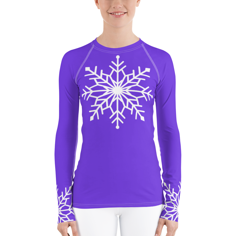 Winter Snowflake Top, White Snowflake on Pure Purple Women's Rash Guard, Holiday Top