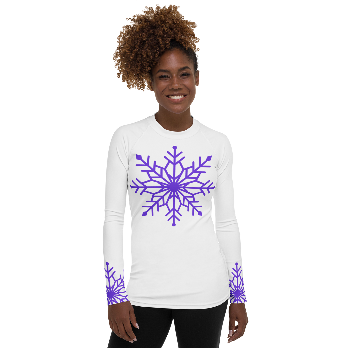 Winter Snowflake Top, Pure Purple Snowflake on White Women's Rash Guard, Holiday Top