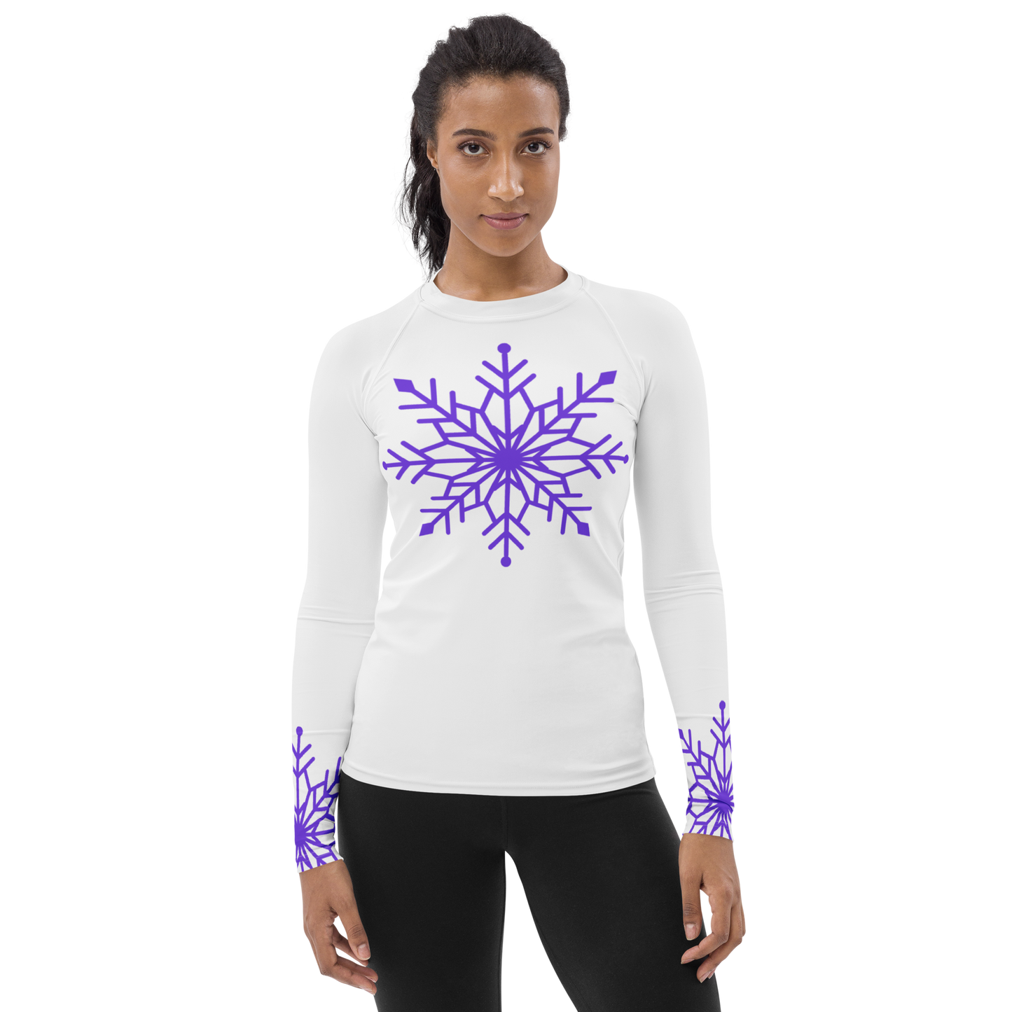 Winter Snowflake Top, Pure Purple Snowflake on White Women's Rash Guard, Holiday Top