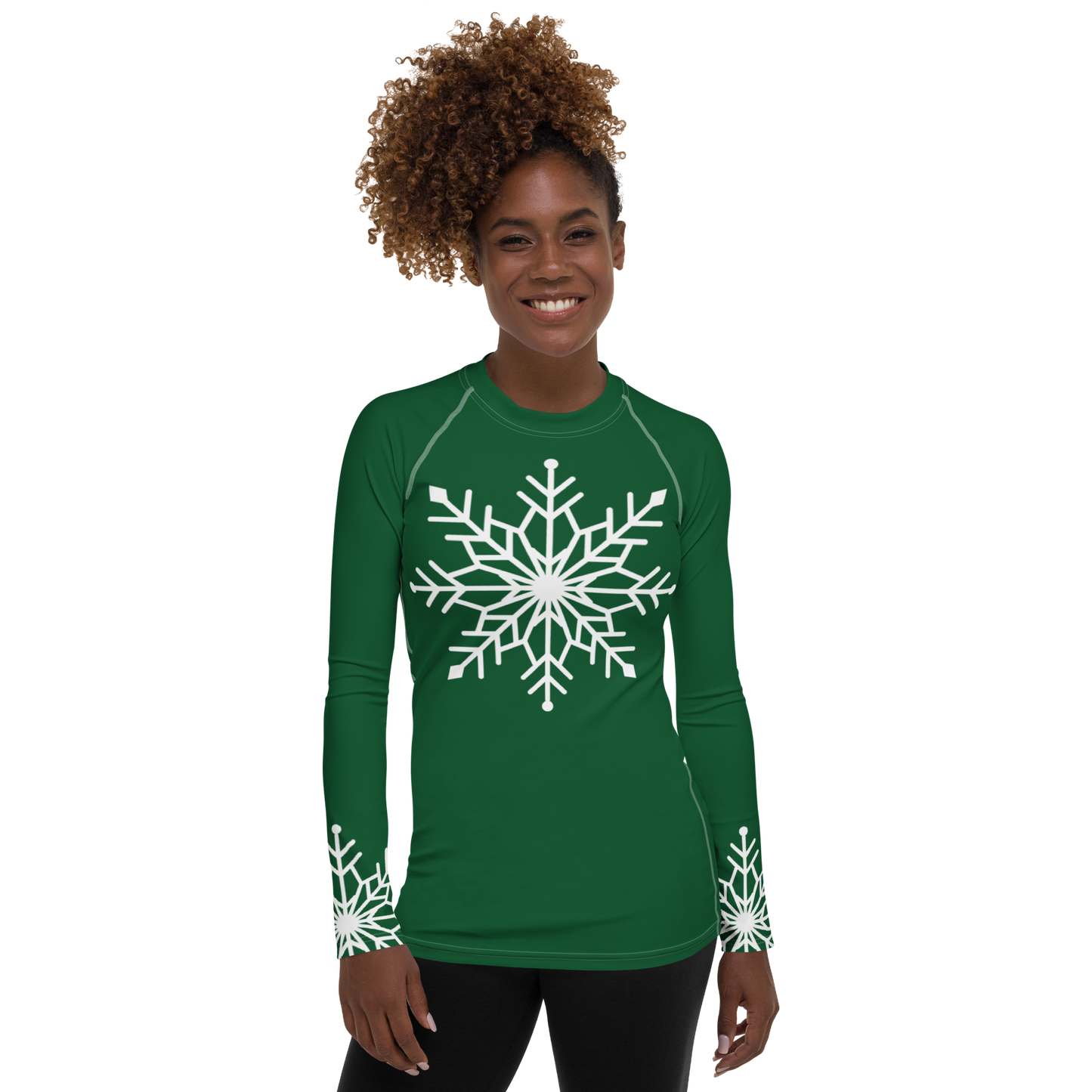 Winter Snowflake Top, White Snowflake on Forest Green Women's Rash Guard, Holiday Top