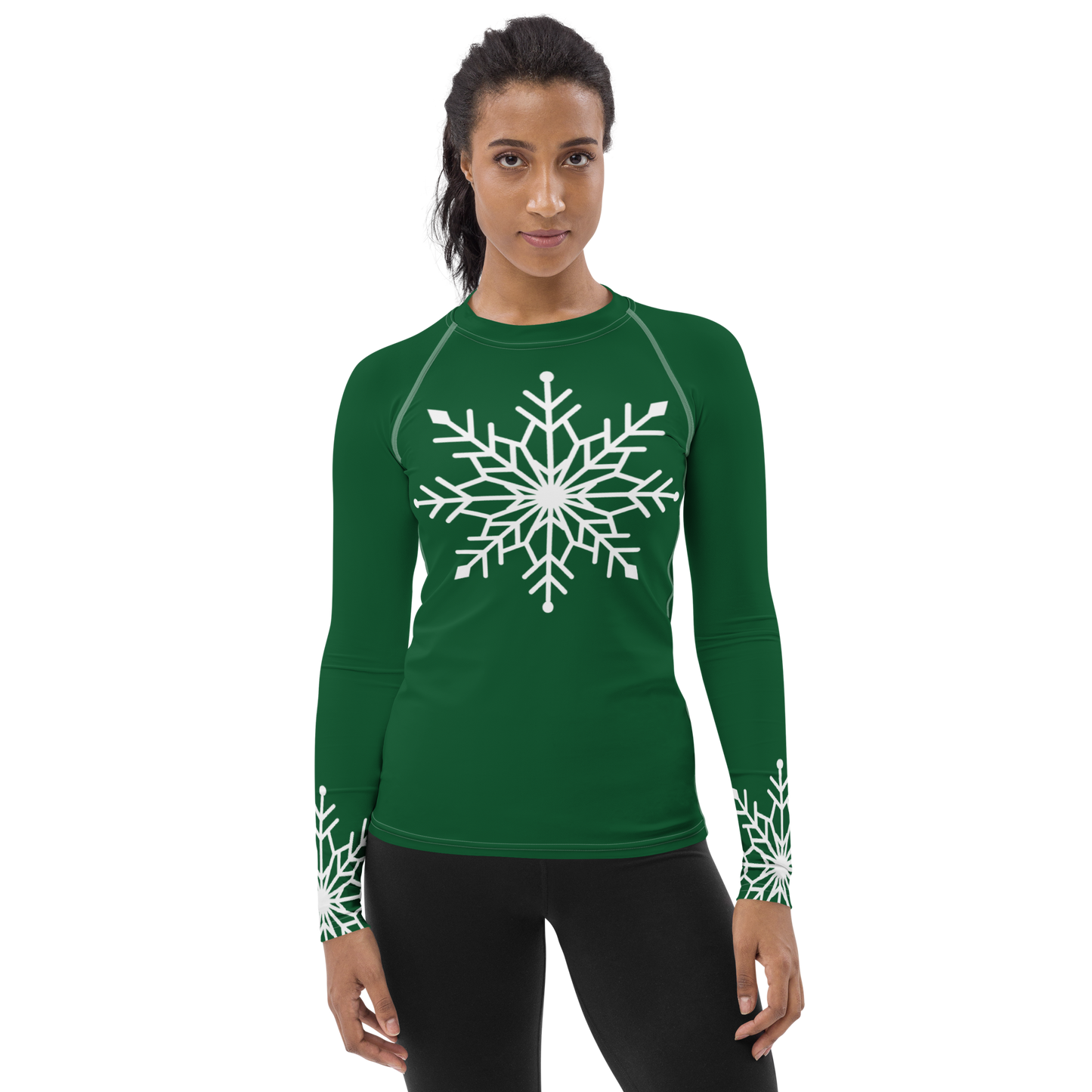 Winter Snowflake Top, White Snowflake on Forest Green Women's Rash Guard, Holiday Top