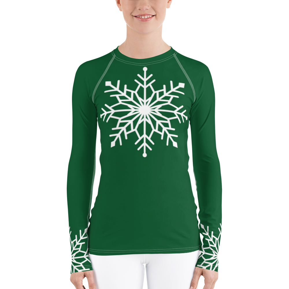 Winter Snowflake Top, White Snowflake on Forest Green Women's Rash Guard, Holiday Top