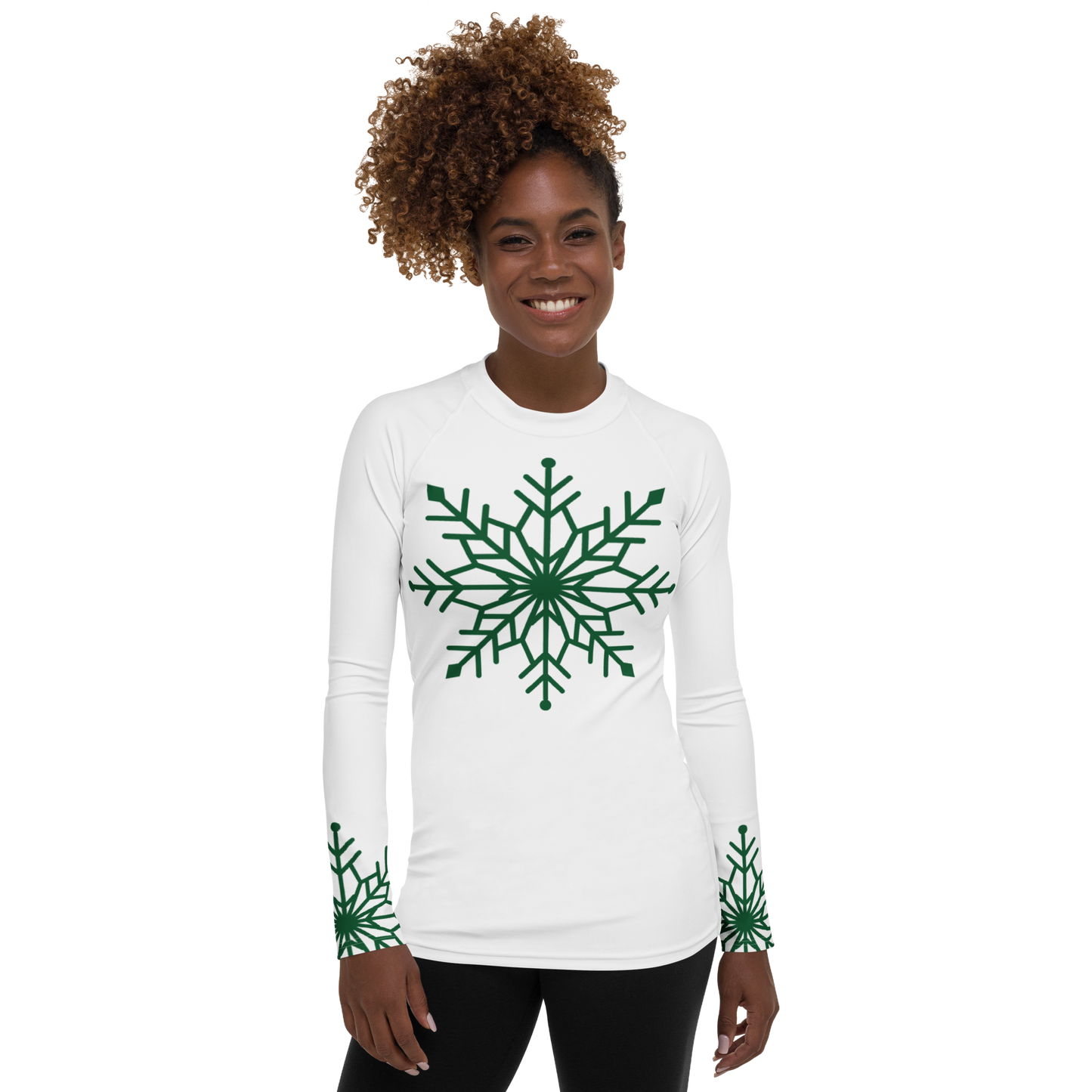 Winter Snowflake Top, Forest Green Snowflake on White Women's Rash Guard, Holiday Top