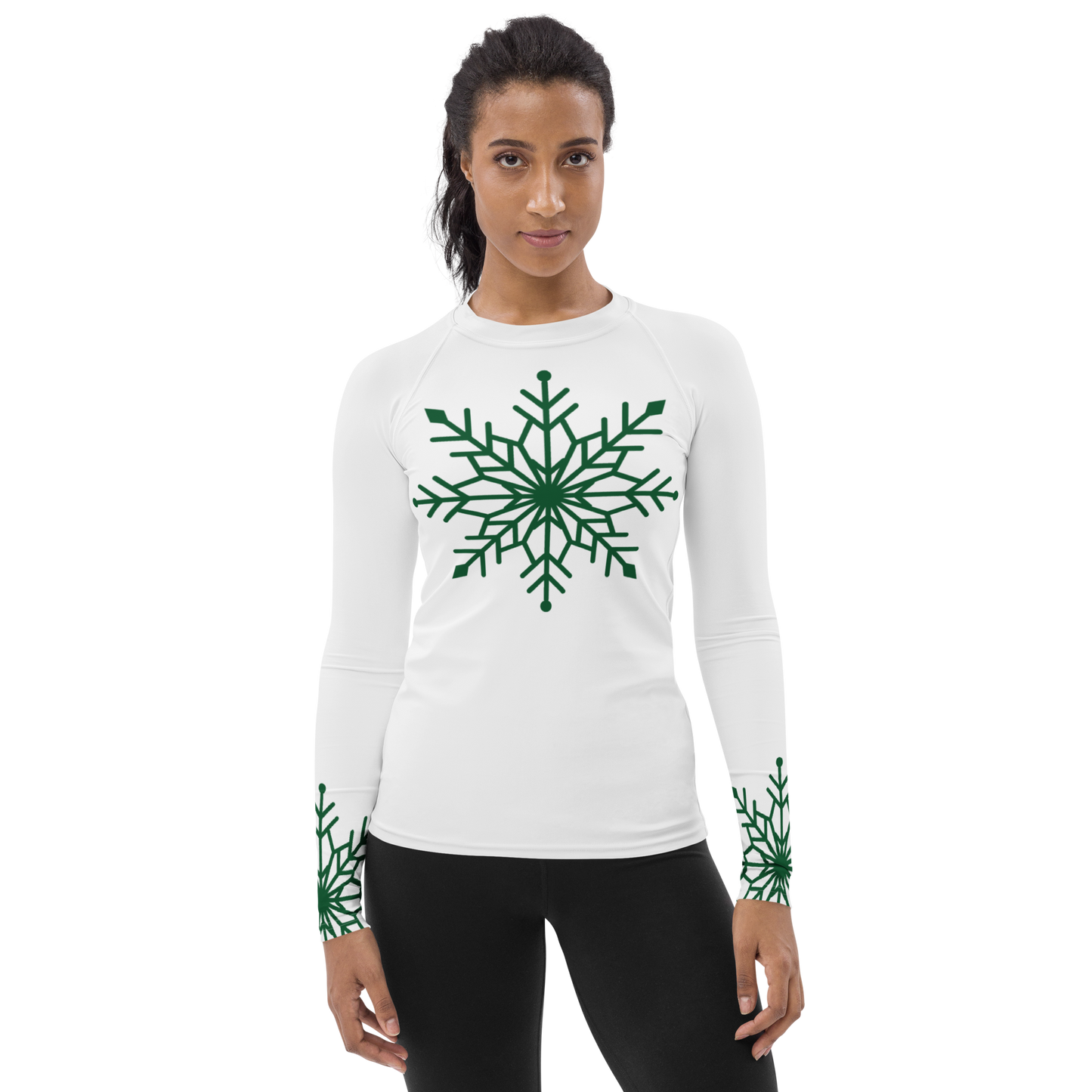Winter Snowflake Top, Forest Green Snowflake on White Women's Rash Guard, Holiday Top