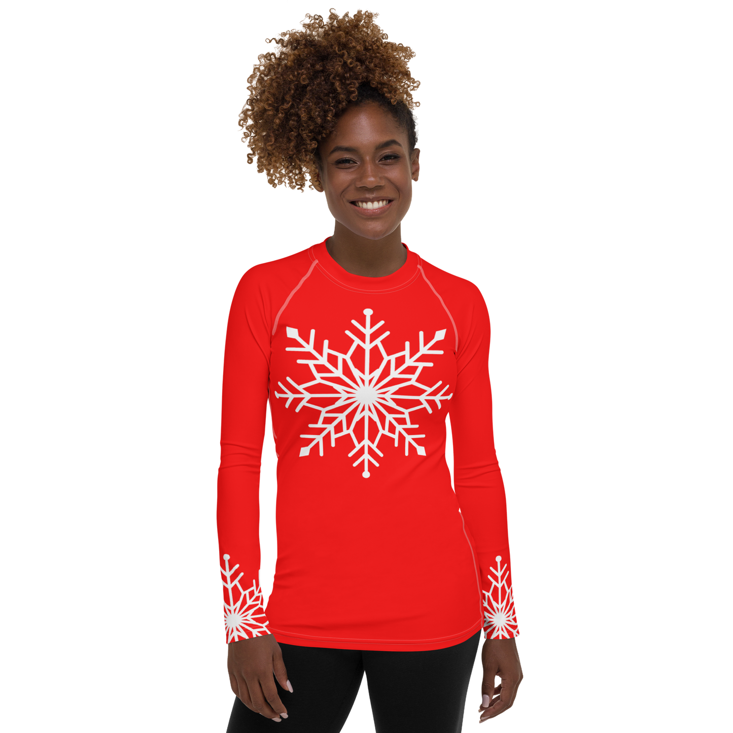 Winter Snowflake Top, White Snowflake on Bright Red Women's Rash Guard, Holiday Top