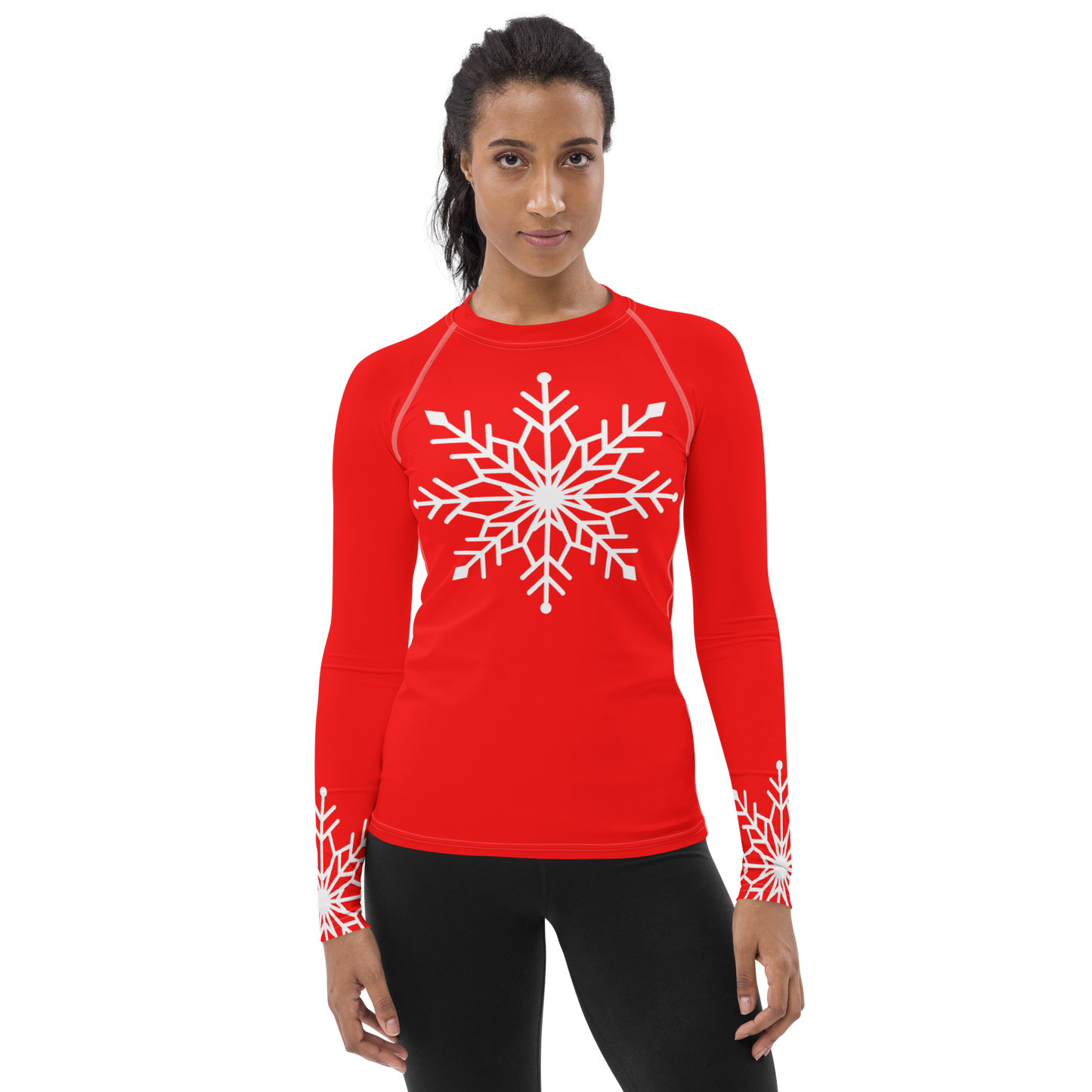Winter Snowflake Top, White Snowflake on Bright Red Women's Rash Guard, Holiday Top