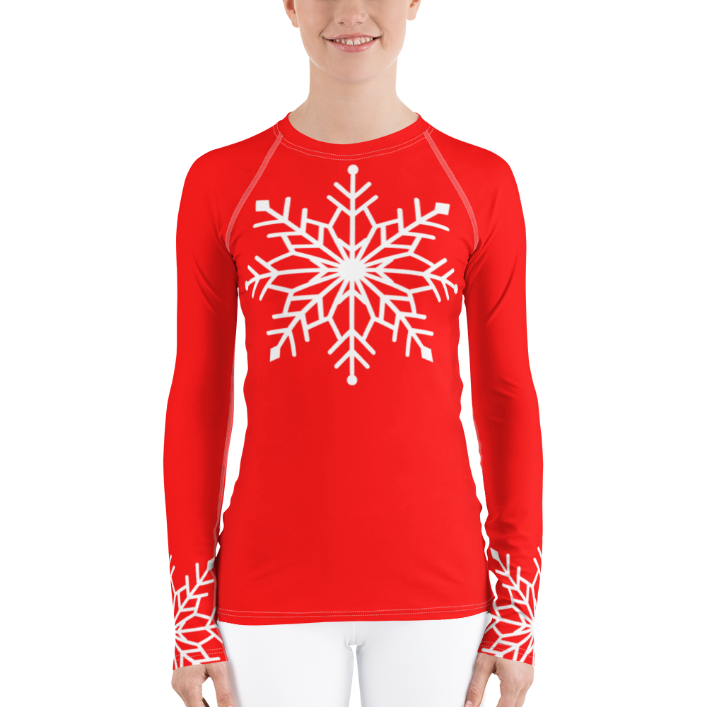 Winter Snowflake Top, White Snowflake on Bright Red Women's Rash Guard, Holiday Top