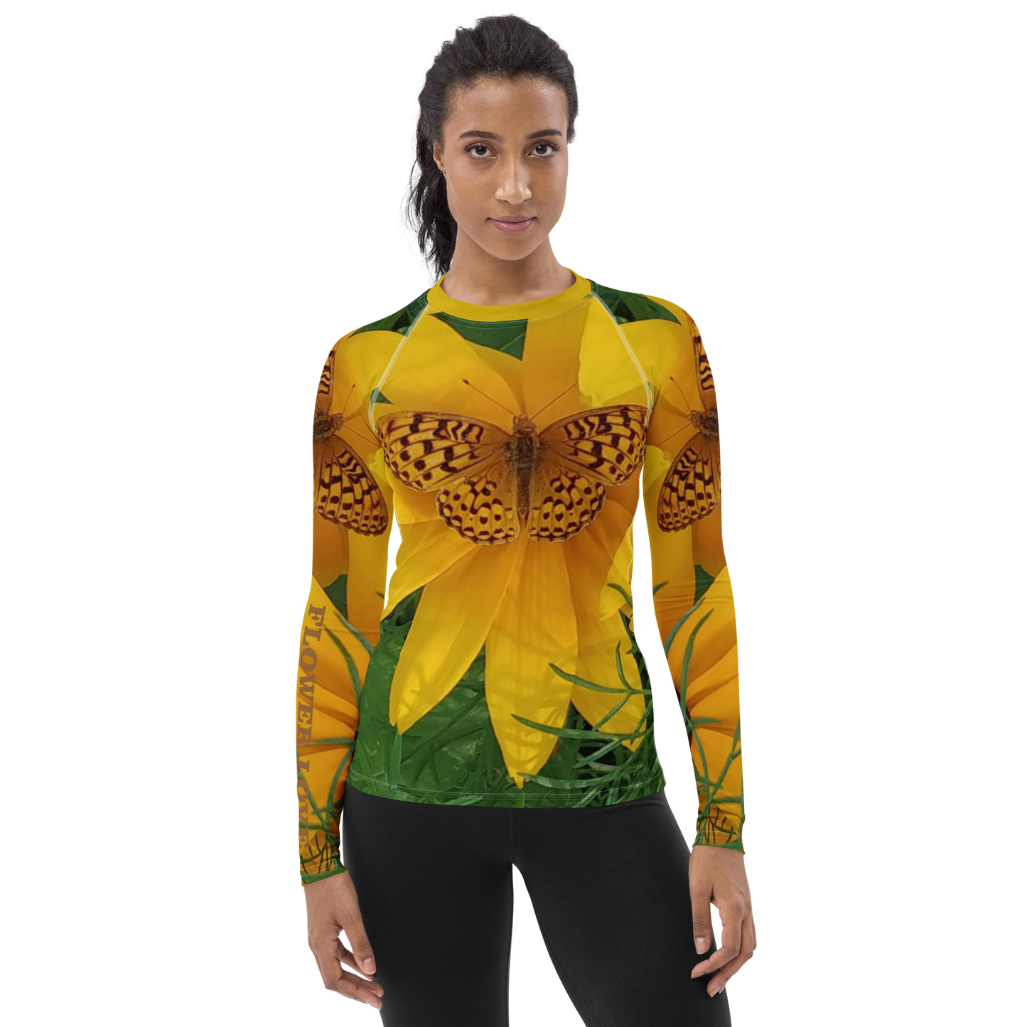 The FLOWER LOVE Collection - "Butterfly Beauty" Design Luxurious Women's Rash Guard, Sun Protective Clothing, Sports & Fitness Clothing