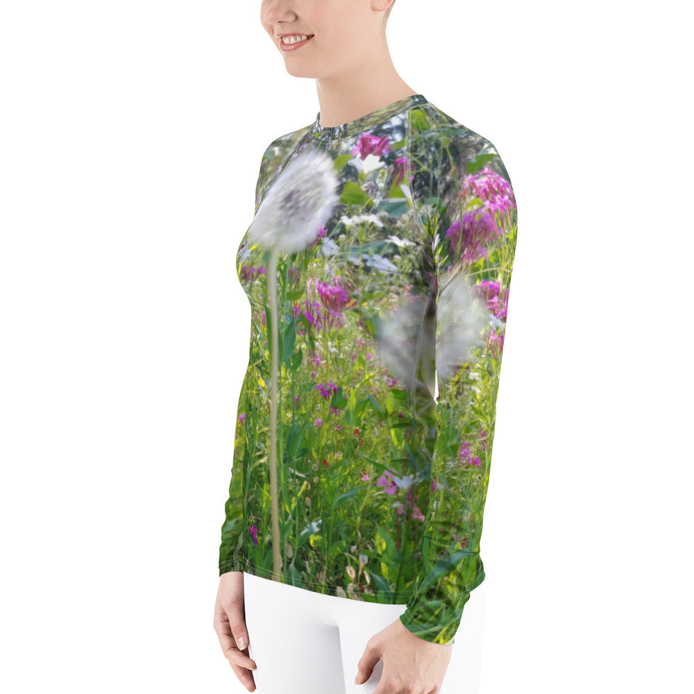 The FLOWER LOVE Collection - "Dreamy Dandelions" Design Luxurious Women's Rash Guard, Sun Protective Clothing, Sports & Fitness Clothing