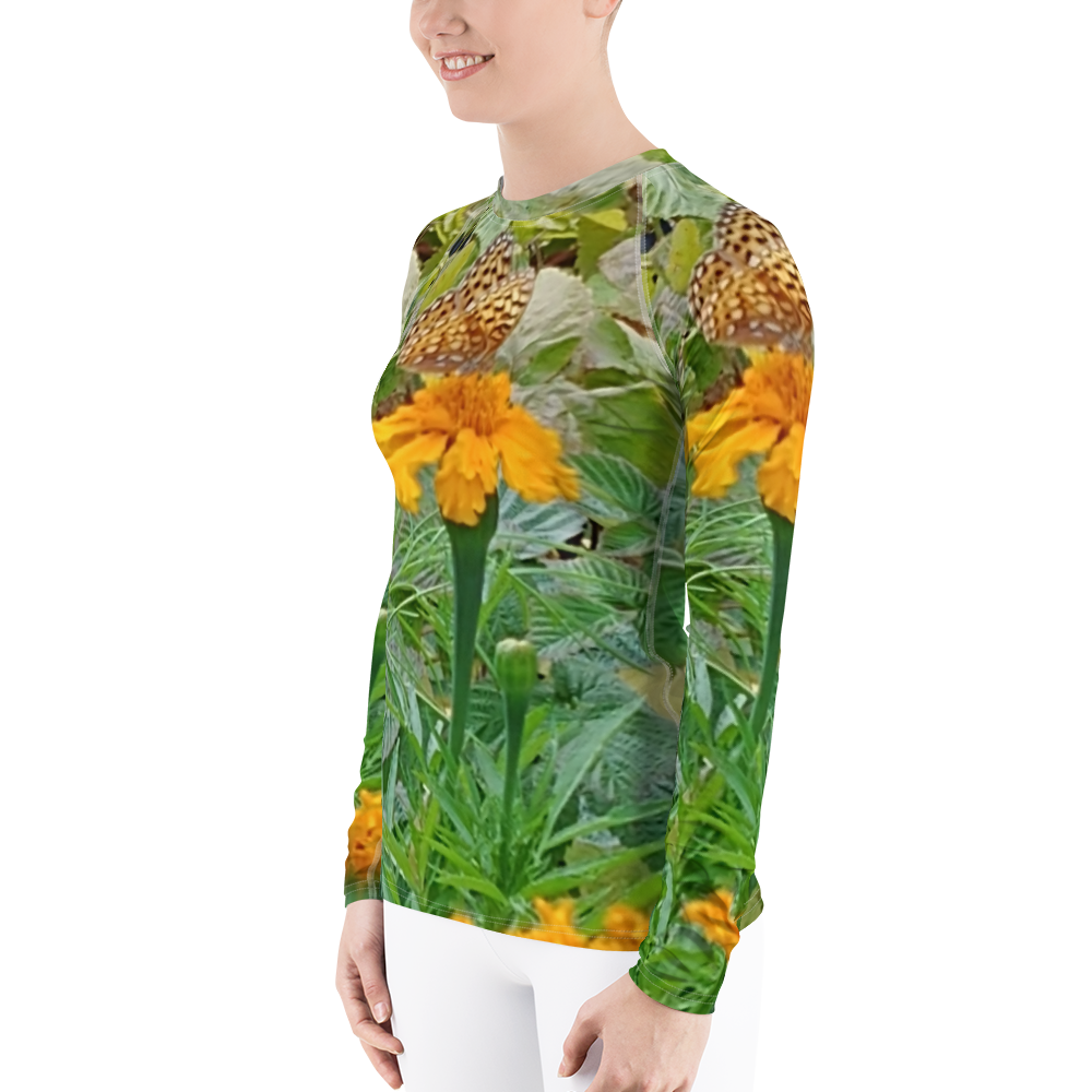 The FLOWER LOVE Collection - "Butterfly on a Bloom" Design Luxurious Women's Rash Guard, Sun Protective Clothing, Sports & Fitness Clothing