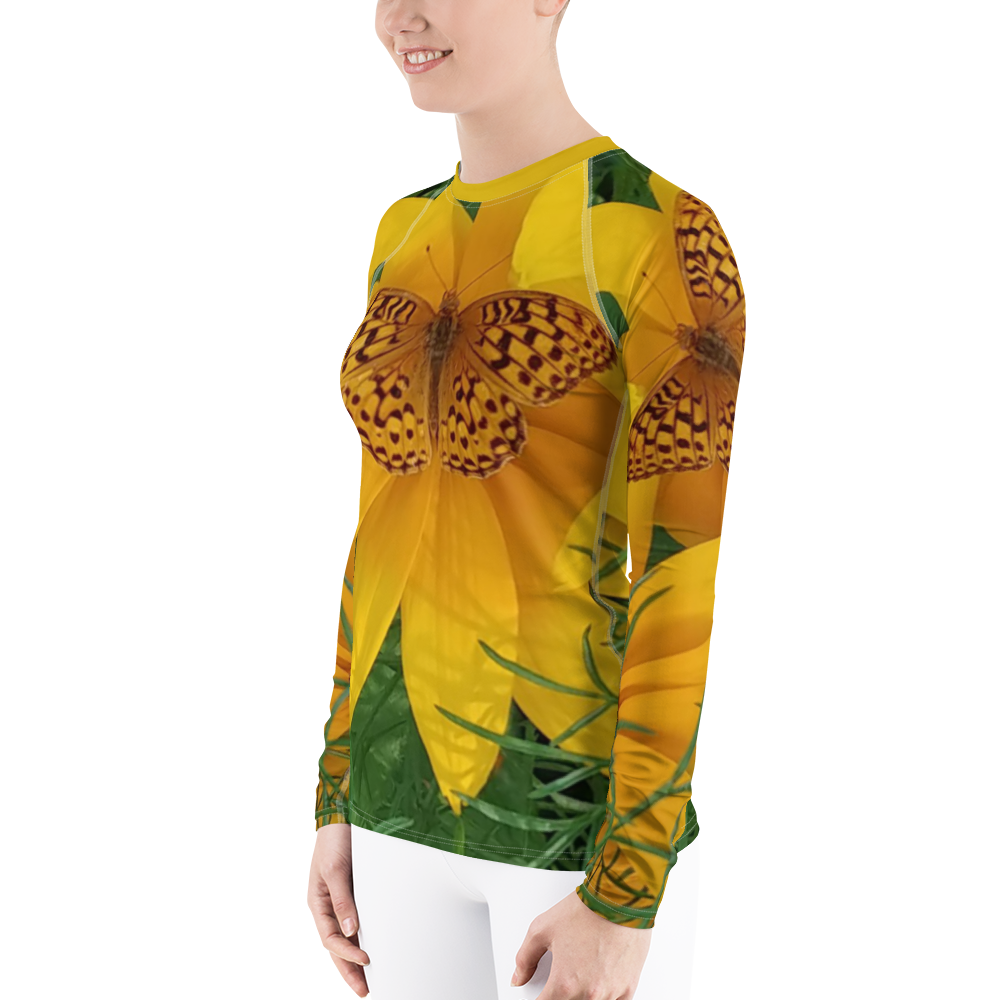 The FLOWER LOVE Collection - "Butterfly Beauty" Design Luxurious Women's Rash Guard, Sun Protective Clothing, Sports & Fitness Clothing
