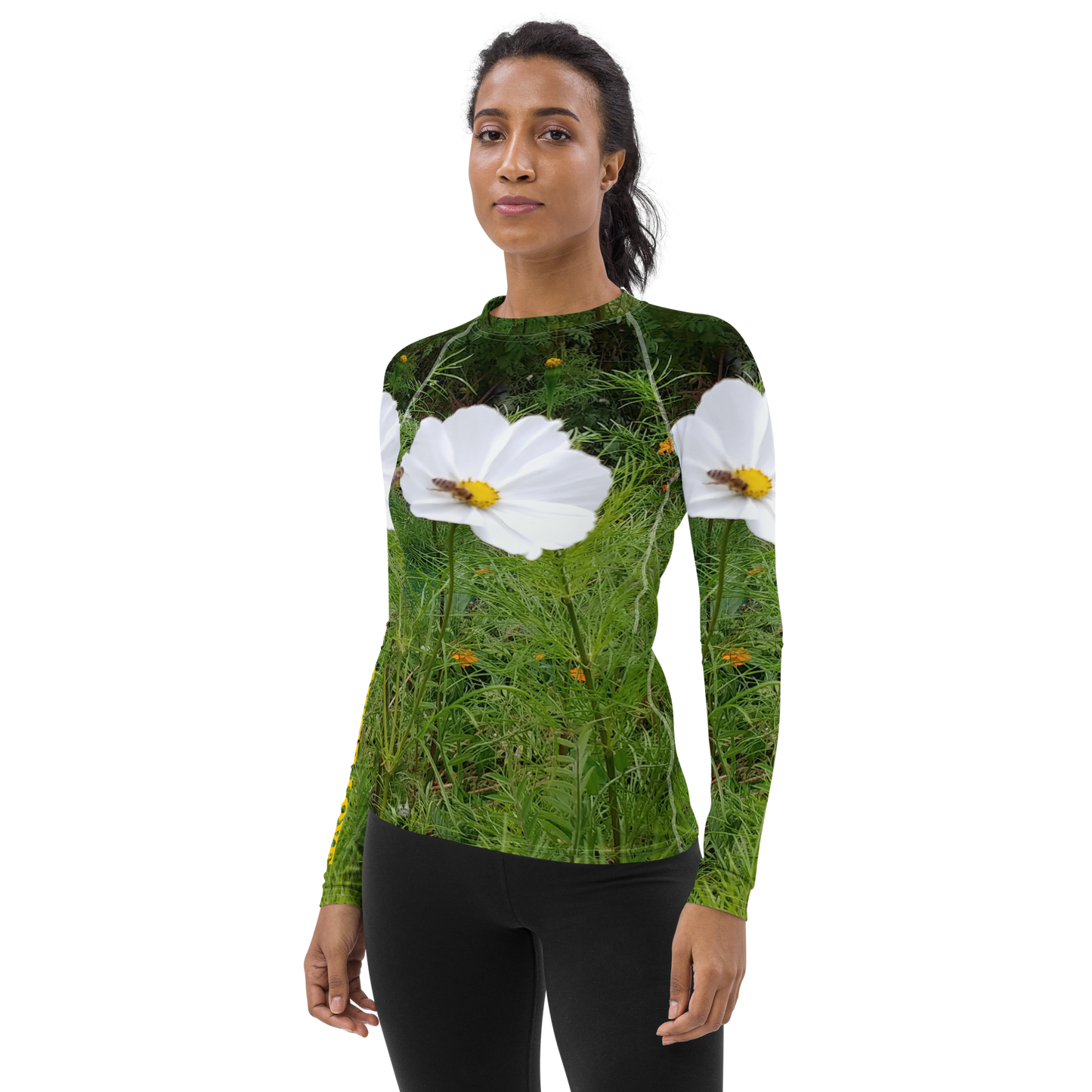 The FLOWER LOVE Collection - "Captivating Cosmos" Design Luxurious Women's Rash Guard, Sun Protective Clothing, Sports & Fitness Clothing