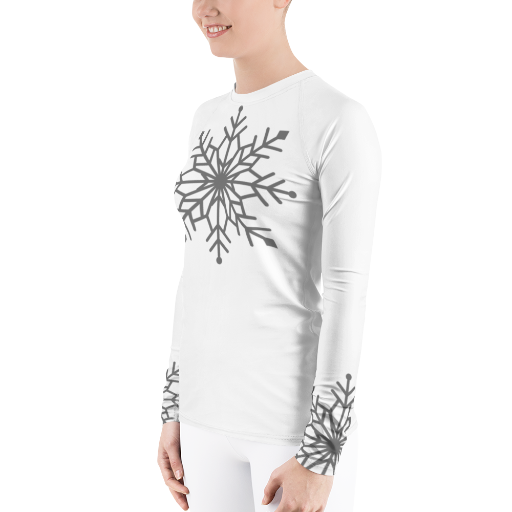 Winter Snowflake Top, Graphite Gray Snowflake on White Women's Rash Guard, Holiday Top