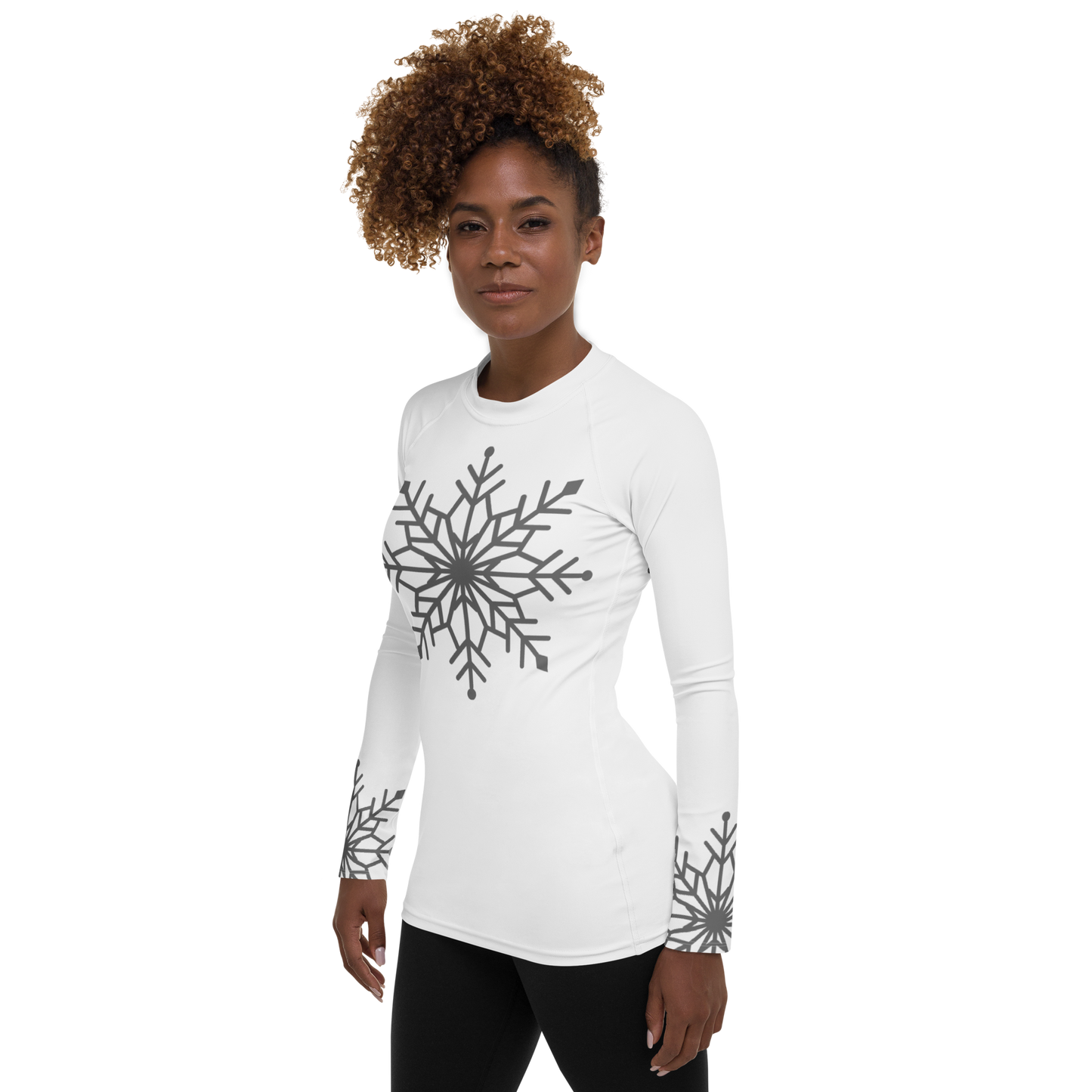 Winter Snowflake Top, Graphite Gray Snowflake on White Women's Rash Guard, Holiday Top