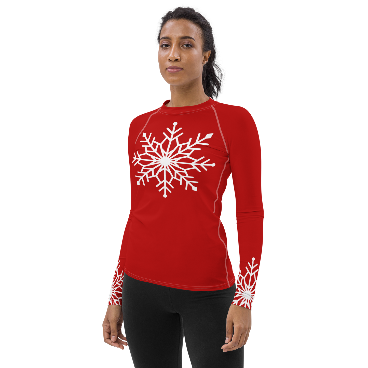 Winter Snowflake Top, White Snowflake on Dark Red Women's Rash Guard, Holiday Top