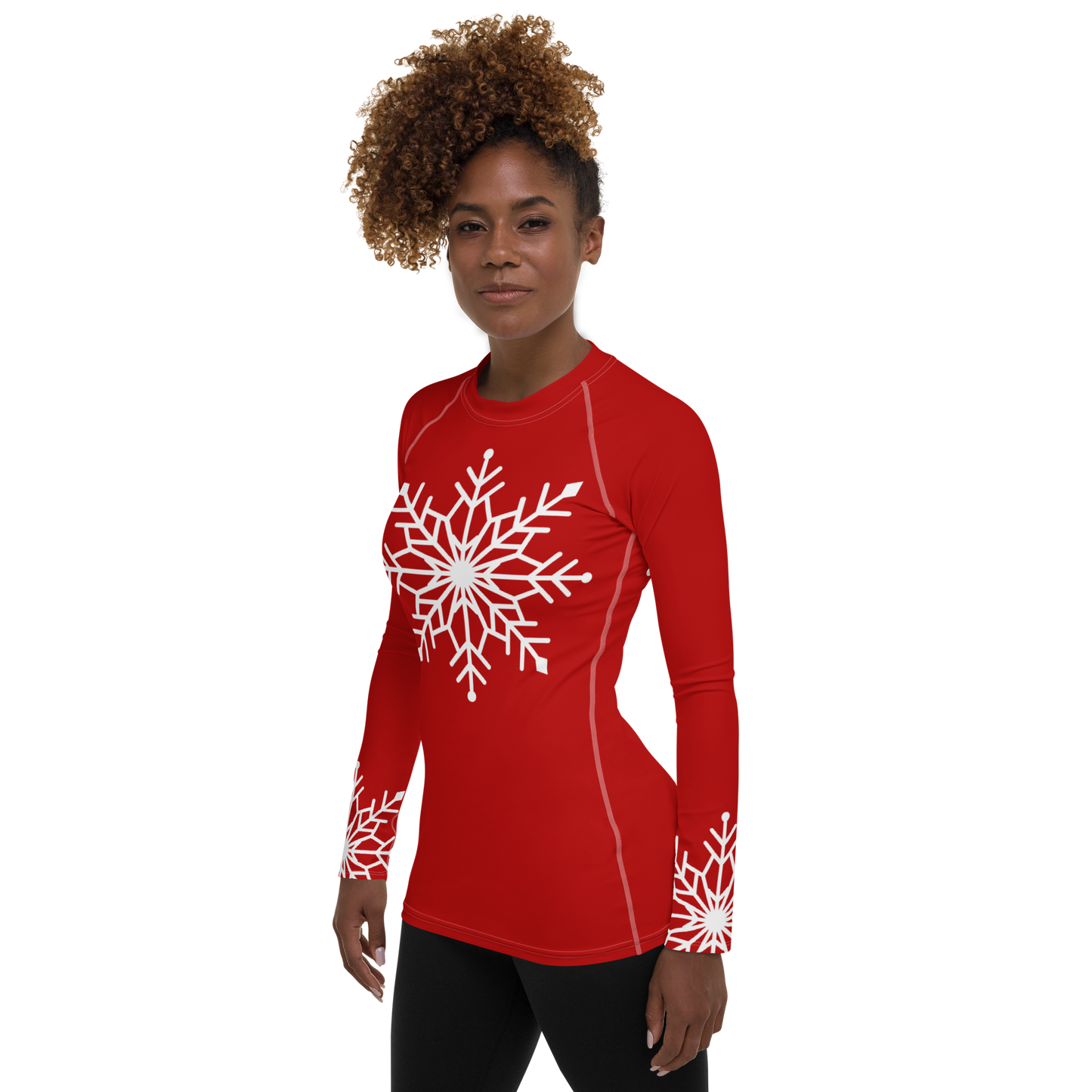 Winter Snowflake Top, White Snowflake on Dark Red Women's Rash Guard, Holiday Top