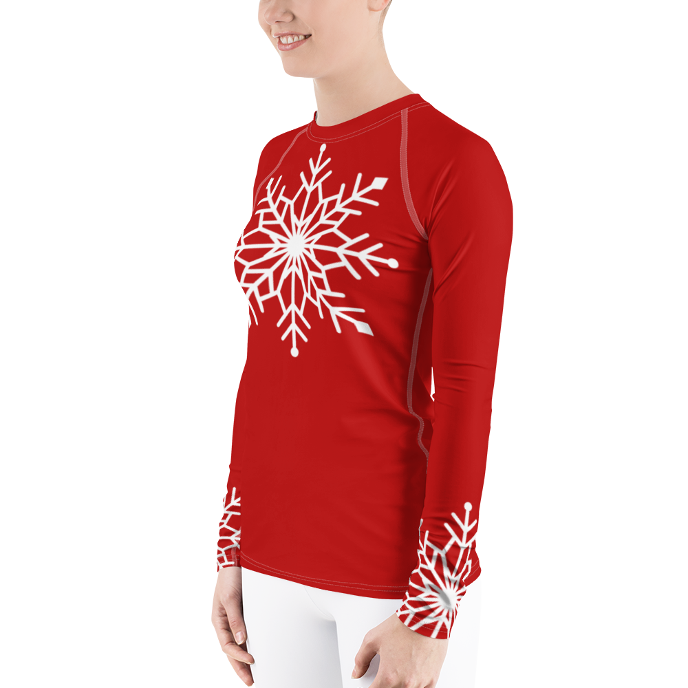 Winter Snowflake Top, White Snowflake on Dark Red Women's Rash Guard, Holiday Top