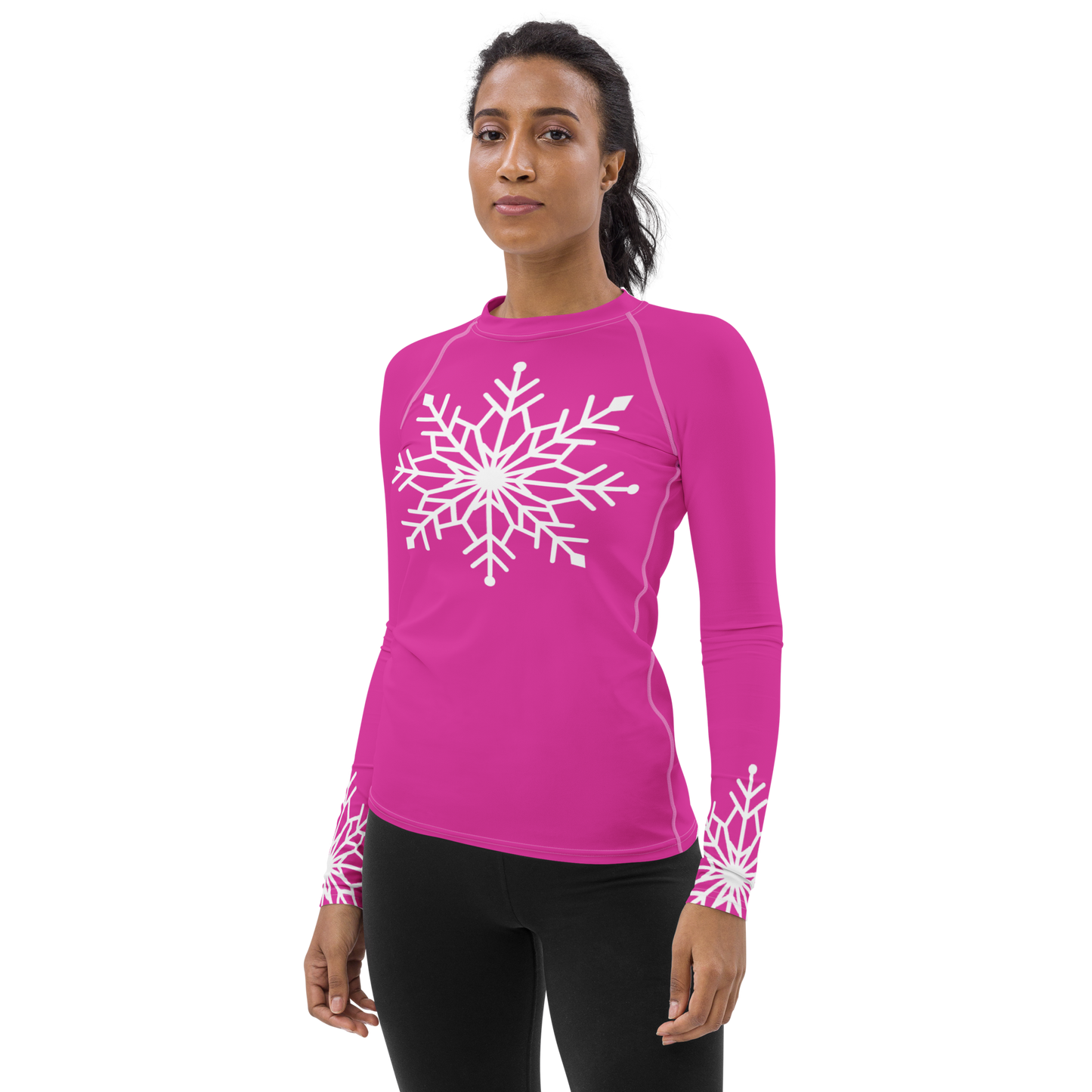 Winter Snowflake Top, White Snowflake on Hot Pink Women's Rash Guard, Holiday Top