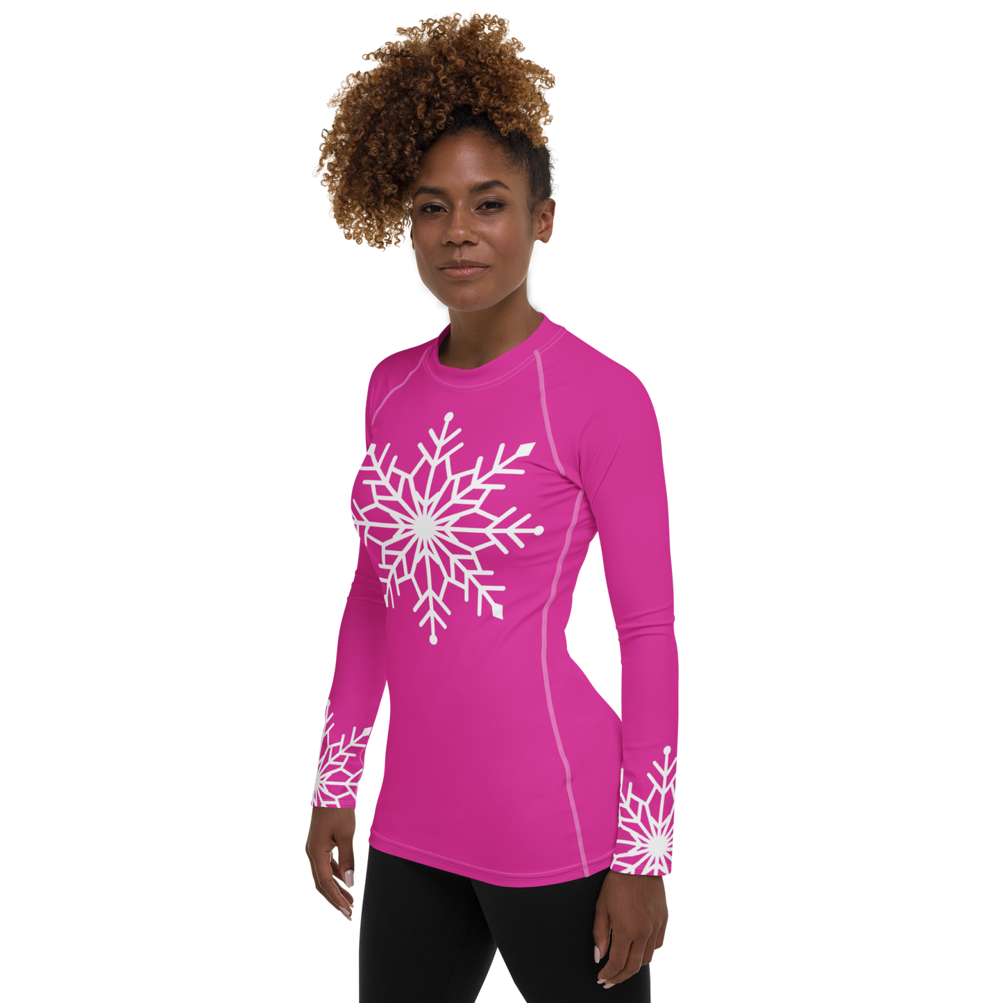 Winter Snowflake Top, White Snowflake on Hot Pink Women's Rash Guard, Holiday Top