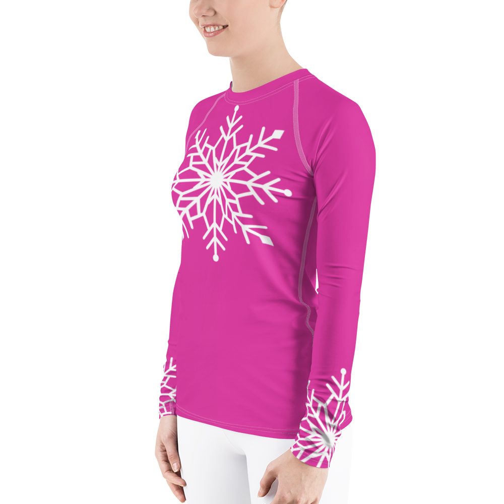 Winter Snowflake Top, White Snowflake on Hot Pink Women's Rash Guard, Holiday Top