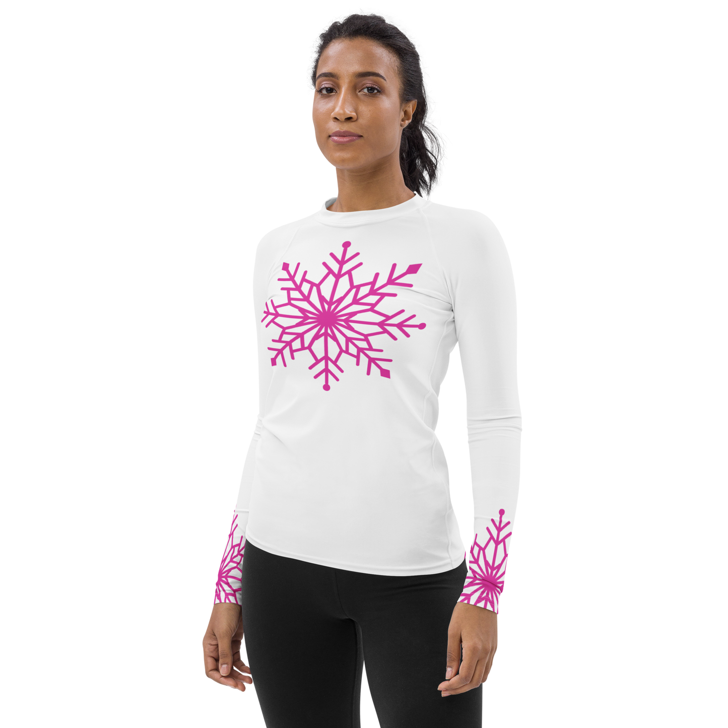 Winter Snowflake Top, Hot Pink Snowflake on White Women's Rash Guard, Holiday Top