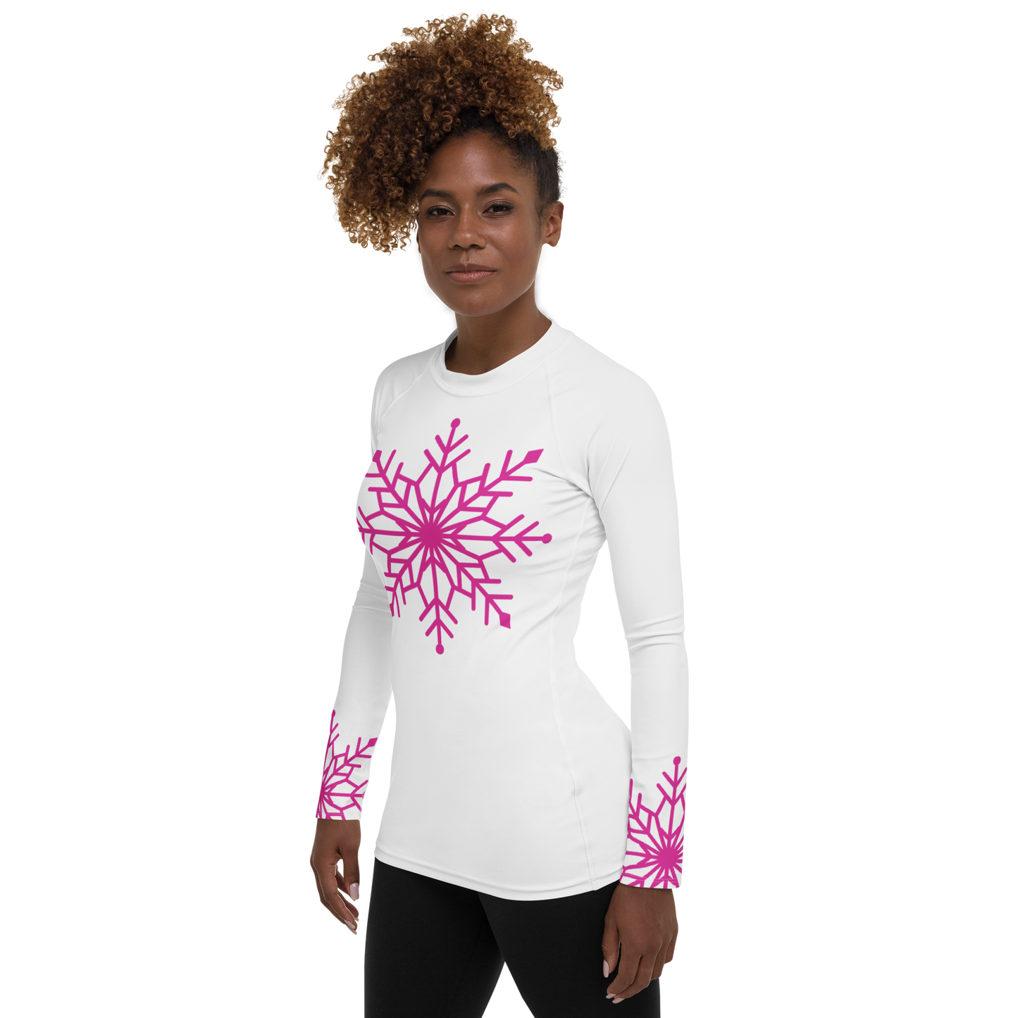 Winter Snowflake Top, Hot Pink Snowflake on White Women's Rash Guard, Holiday Top