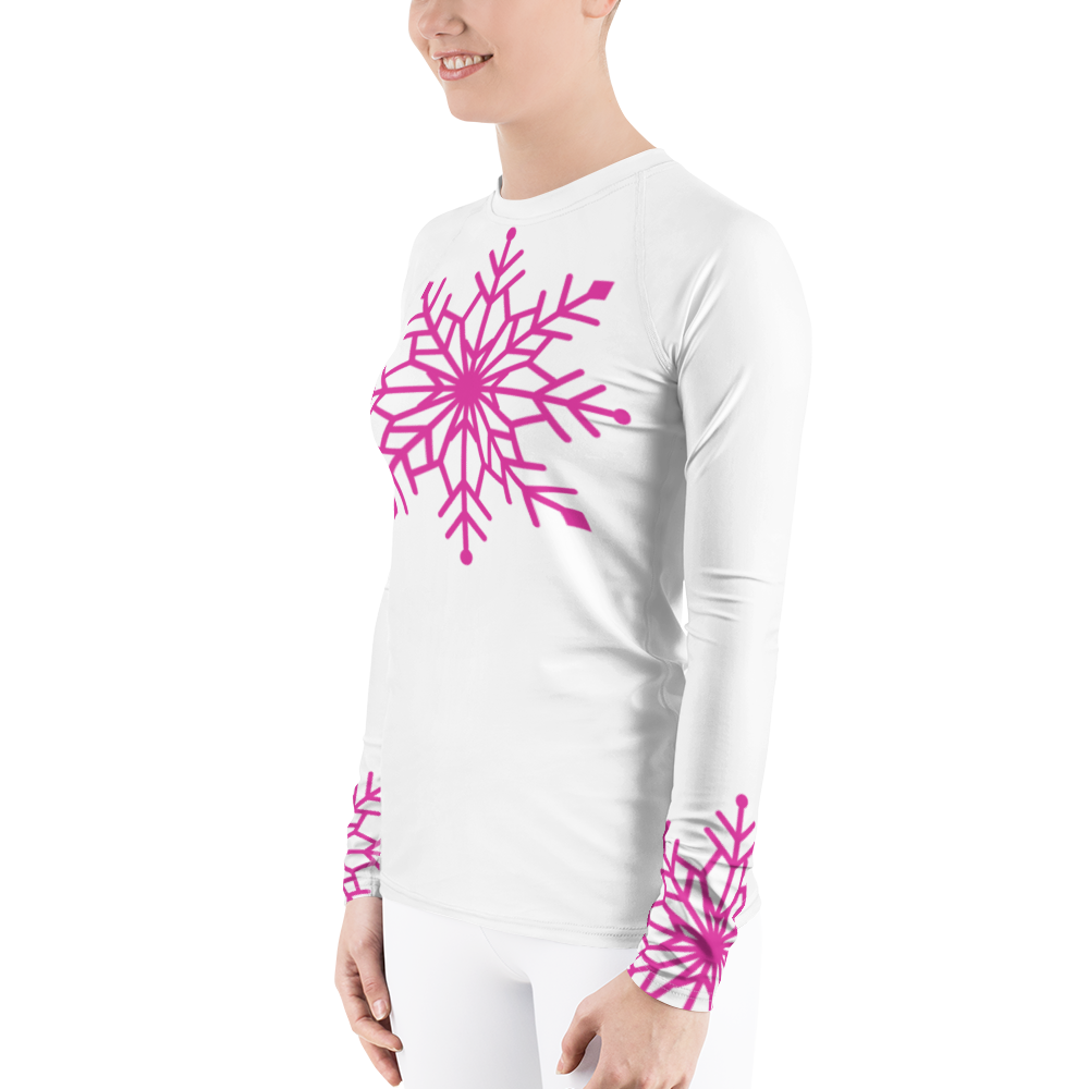 Winter Snowflake Top, Hot Pink Snowflake on White Women's Rash Guard, Holiday Top