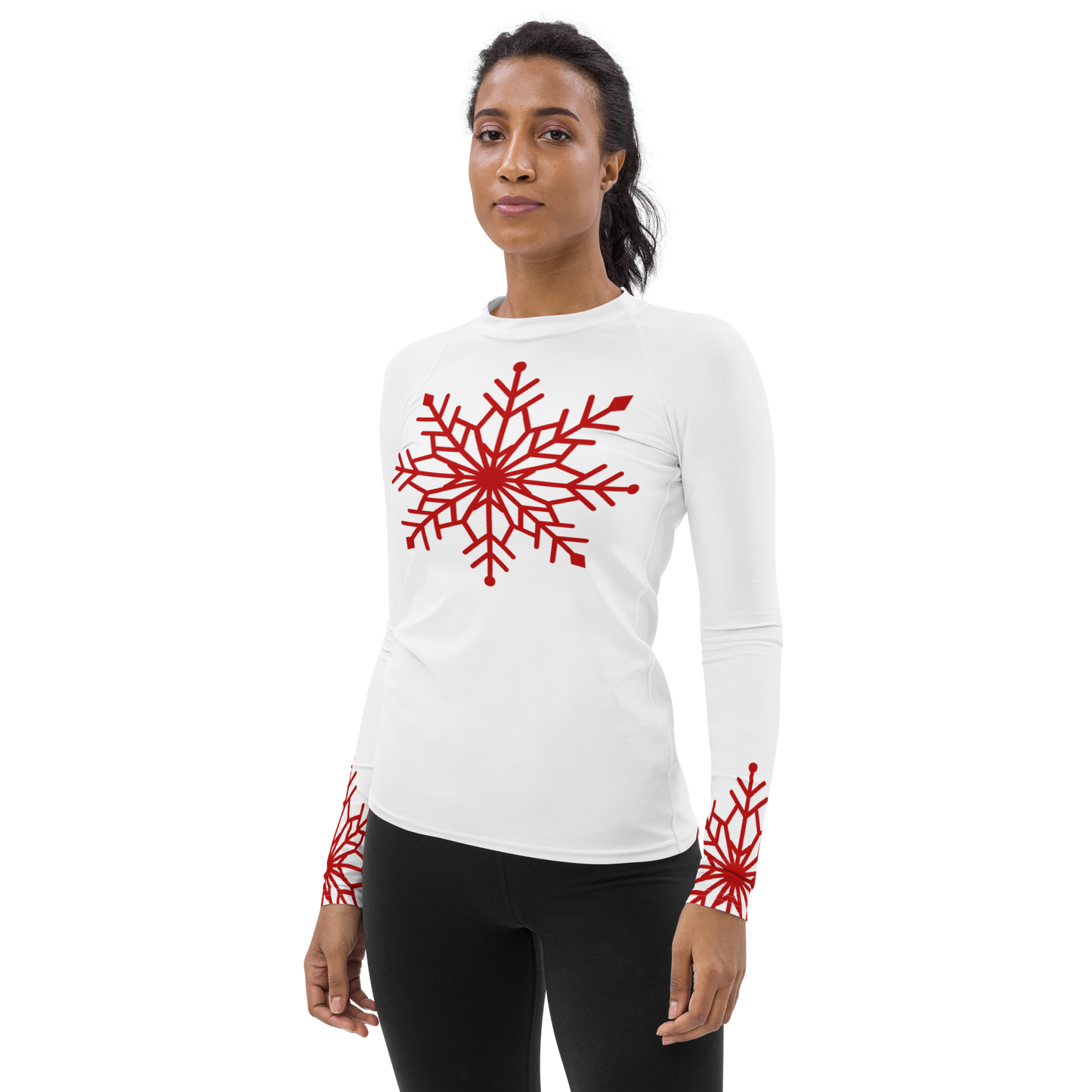 Winter Snowflake Top, Dark Red Snowflake on White Women's Rash Guard, Holiday Top