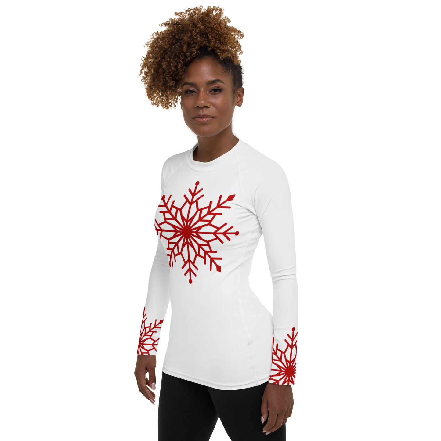 Winter Snowflake Top, Dark Red Snowflake on White Women's Rash Guard, Holiday Top