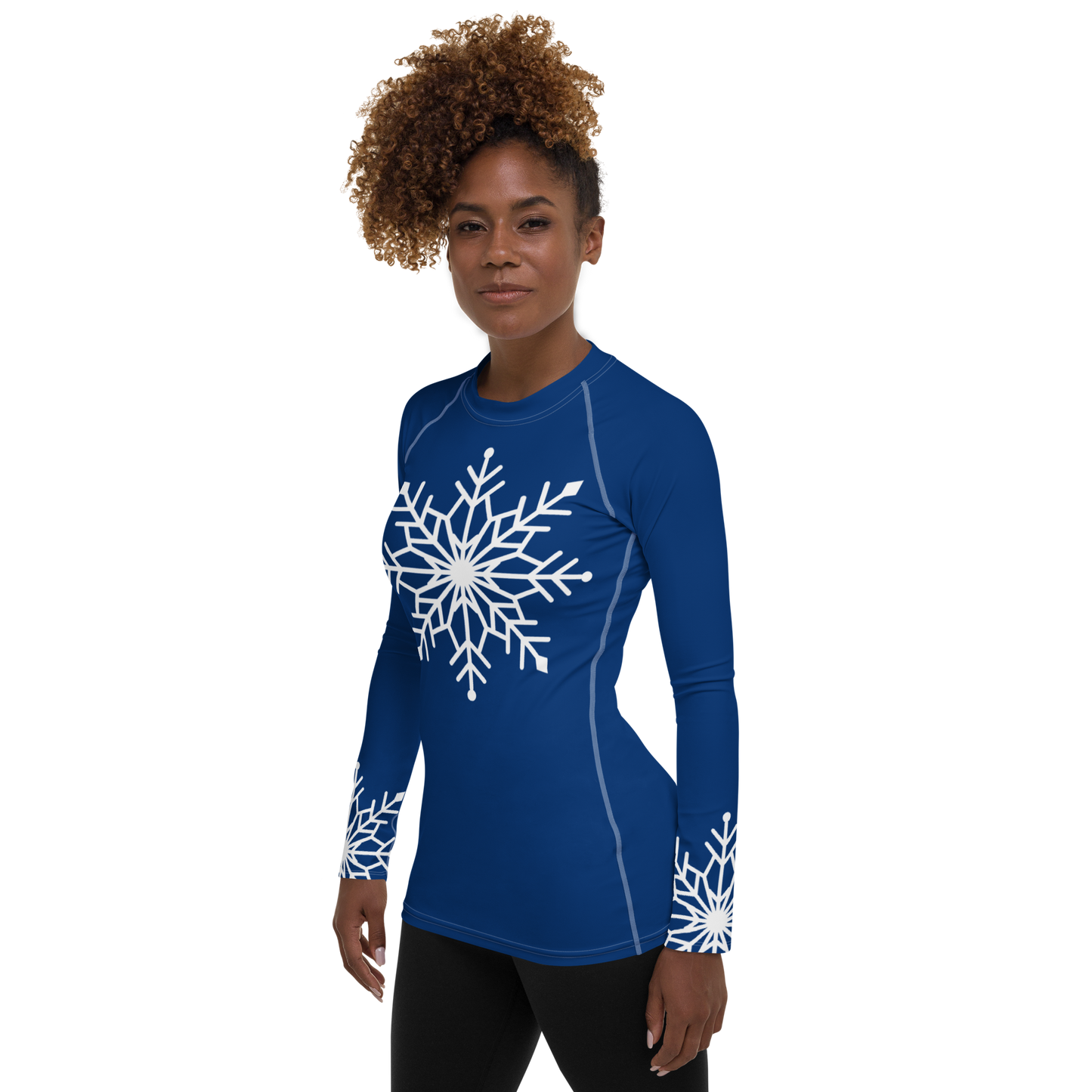 Winter Snowflake Top, White Snowflake on Royal Blue Women's Rash Guard, Holiday Top