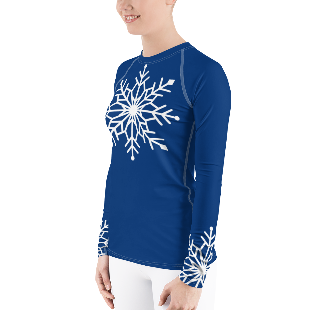 Winter Snowflake Top, White Snowflake on Royal Blue Women's Rash Guard, Holiday Top