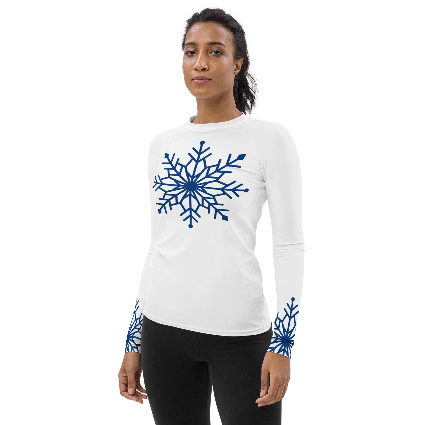 Winter Snowflake Top, Royal Blue Snowflake on White Women's Rash Guard, Holiday Top