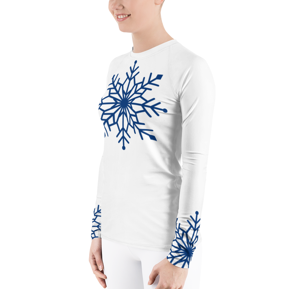 Winter Snowflake Top, Royal Blue Snowflake on White Women's Rash Guard, Holiday Top